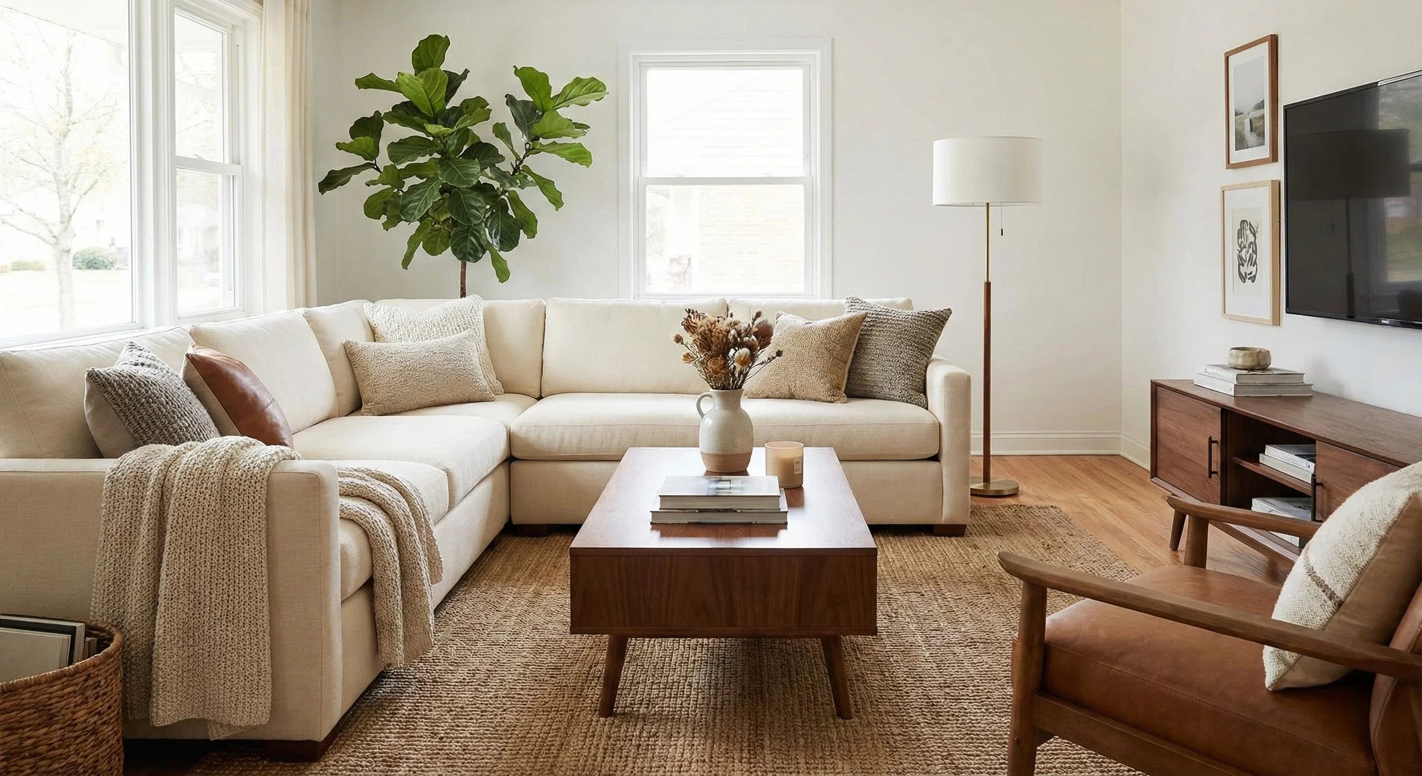 Modern living room with beige modular sectional sofa, wooden coffee table, and cozy decor