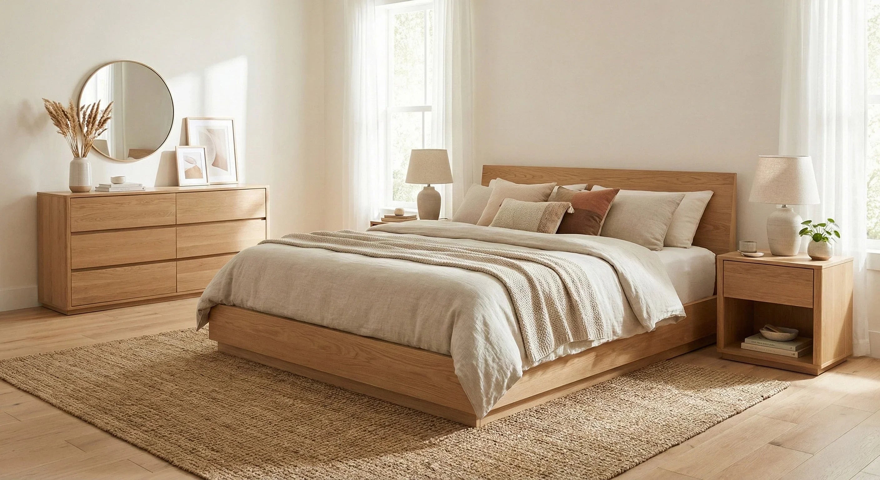 Modern minimalist bedroom with light wood bed, dresser, and neutral decor