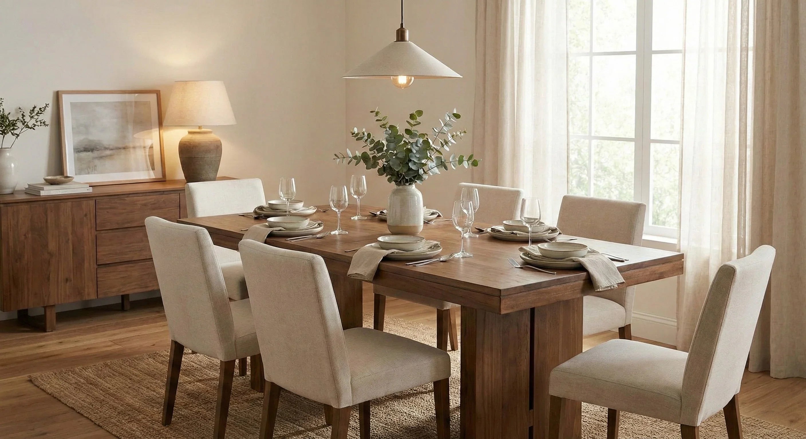 Modern dining room with wooden table, six upholstered chairs, and minimalist decor