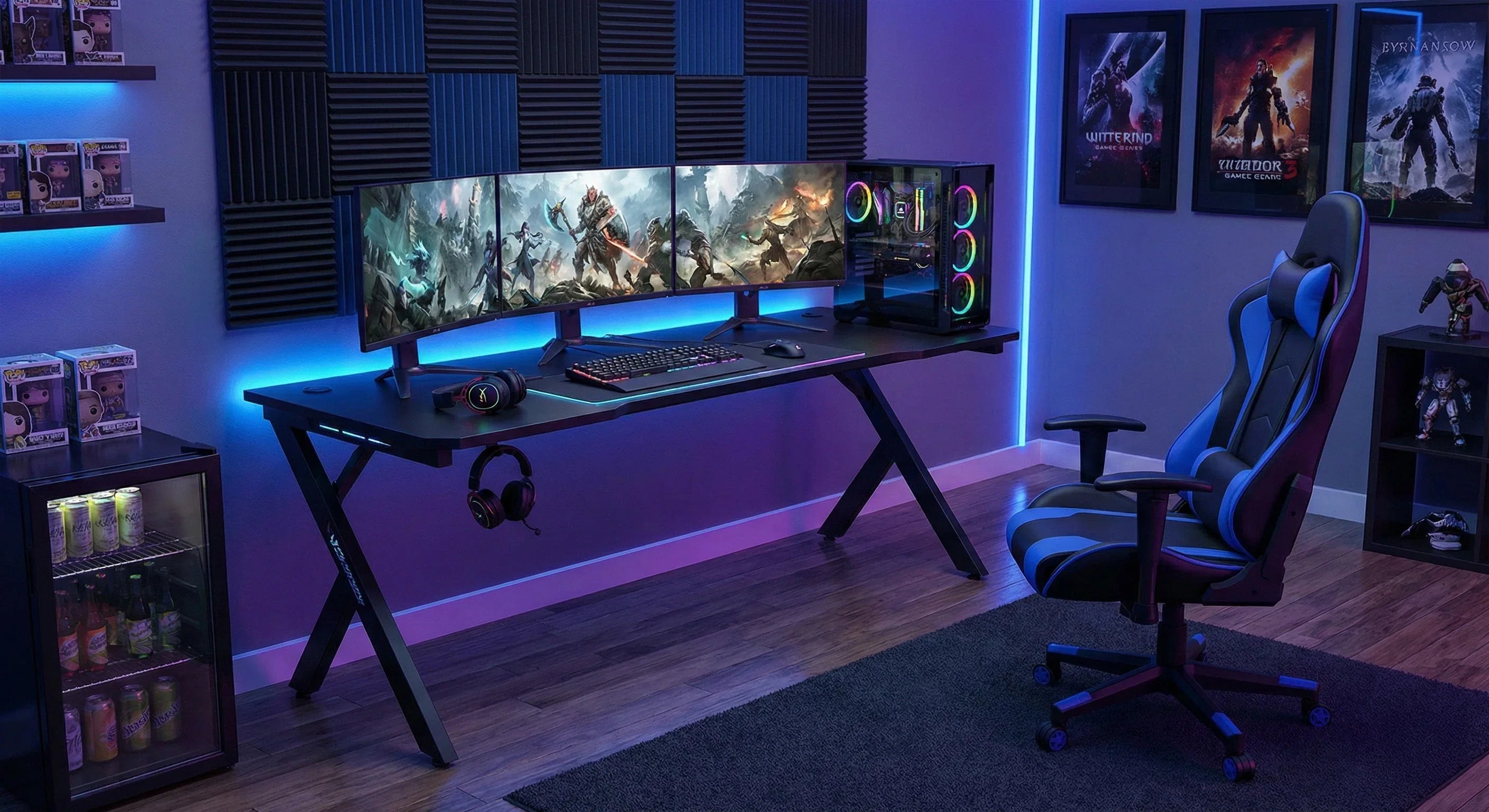 Modern gaming setup with RGB lighting, triple monitors, gaming chair, and gaming accessories
