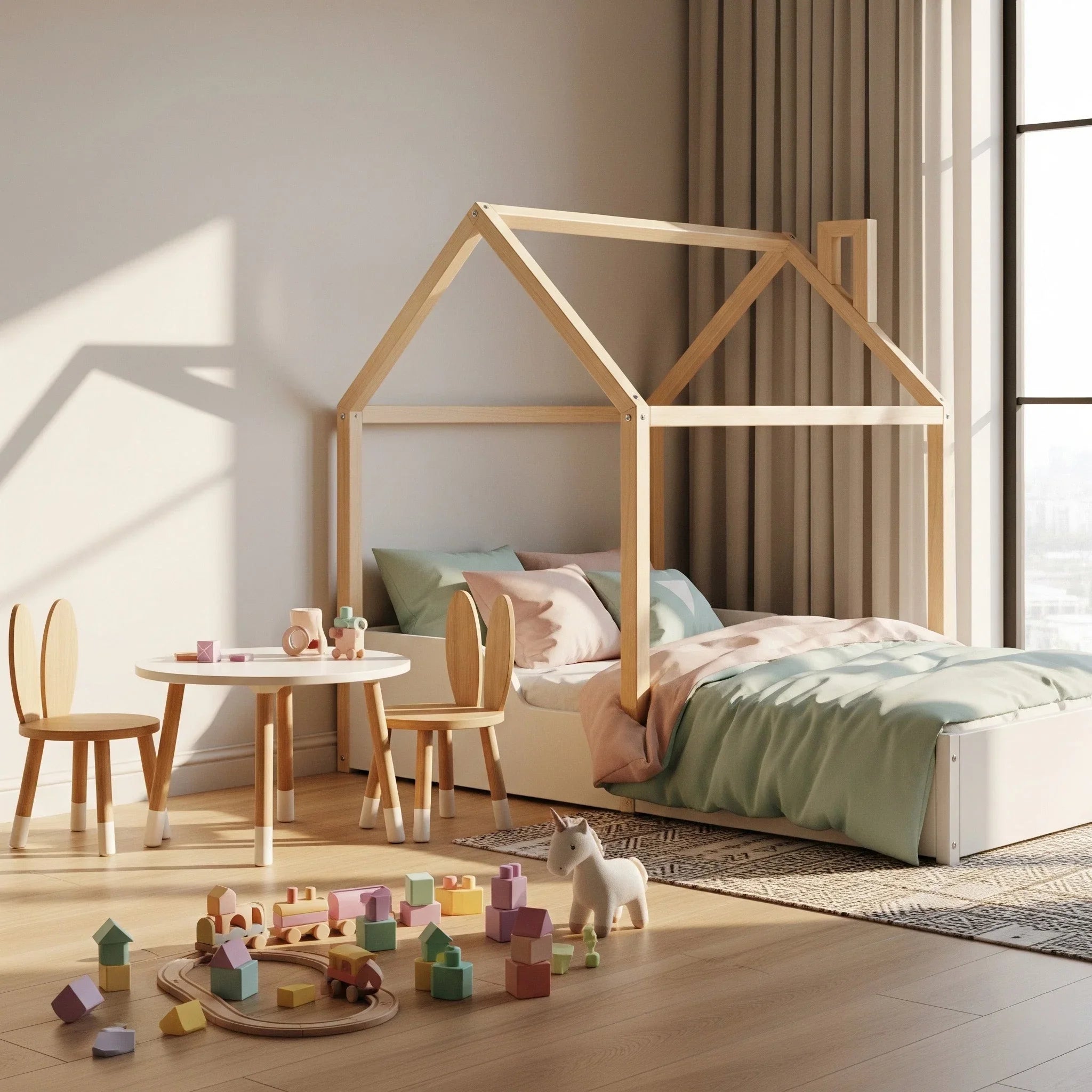 Modern kids room with wooden house bed, pastel bedding, play table, chairs, and blocks.