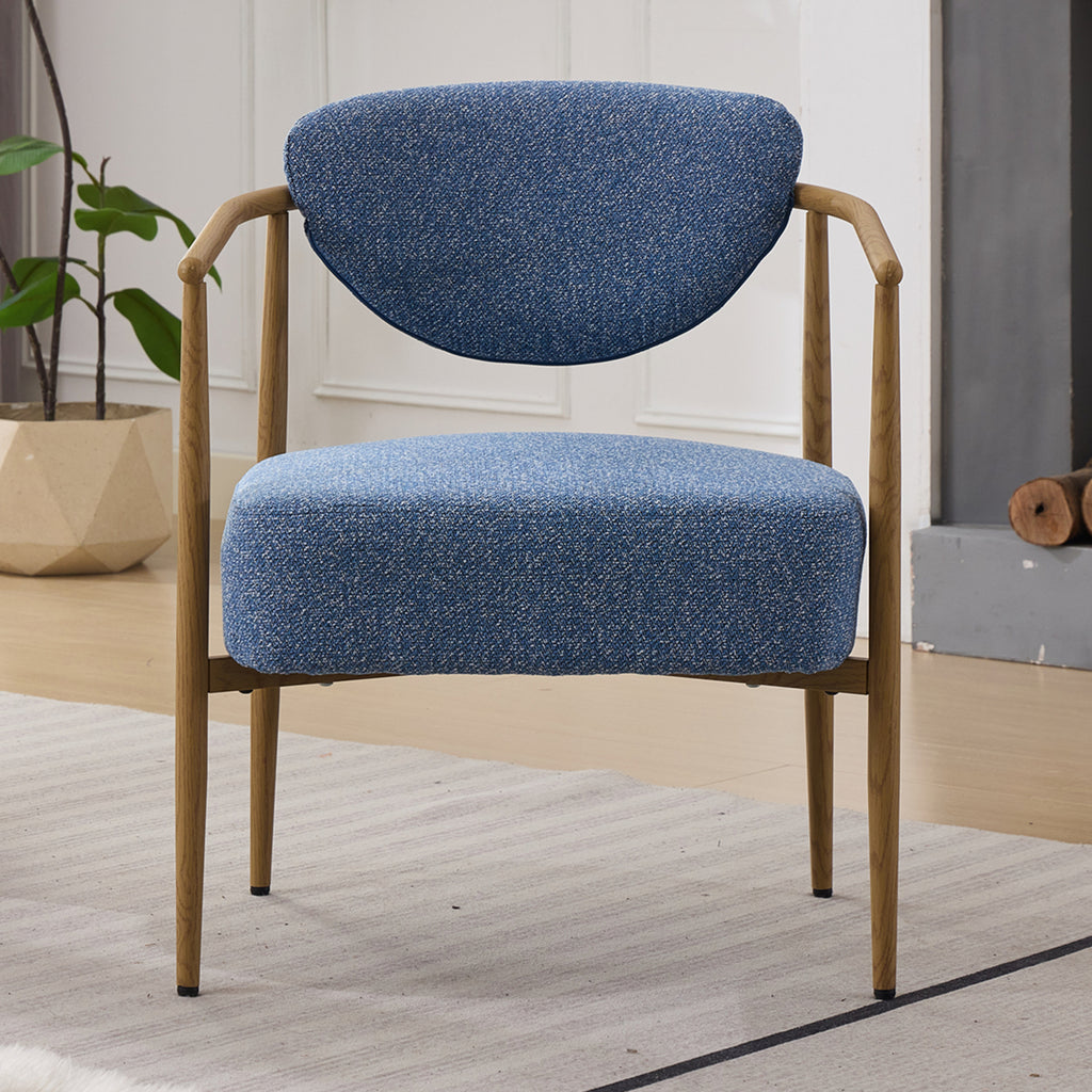 blue Blue Fabric Dining Chair with Wood‑Grain Metal Frame - angle view showing design details