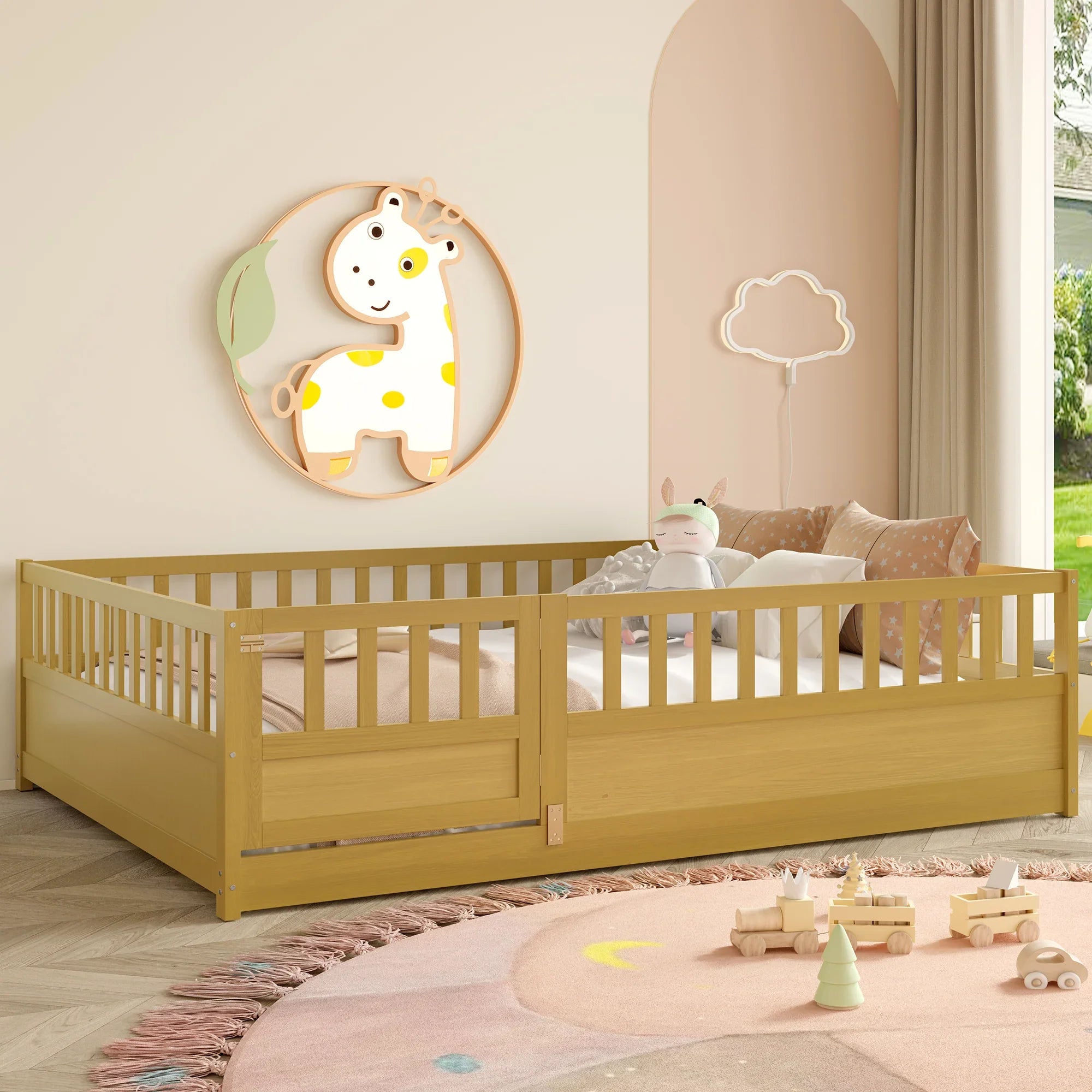 Modern wooden toddler bed with side rails in cozy nursery, pastel decor, giraffe wall art