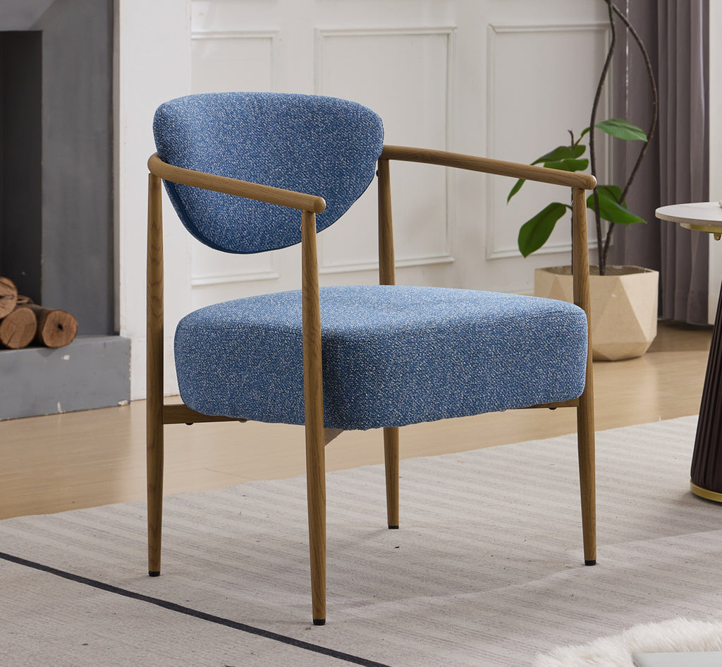 blue Blue Fabric Dining Chair with Wood‑Grain Metal Frame - front view in modern dining room