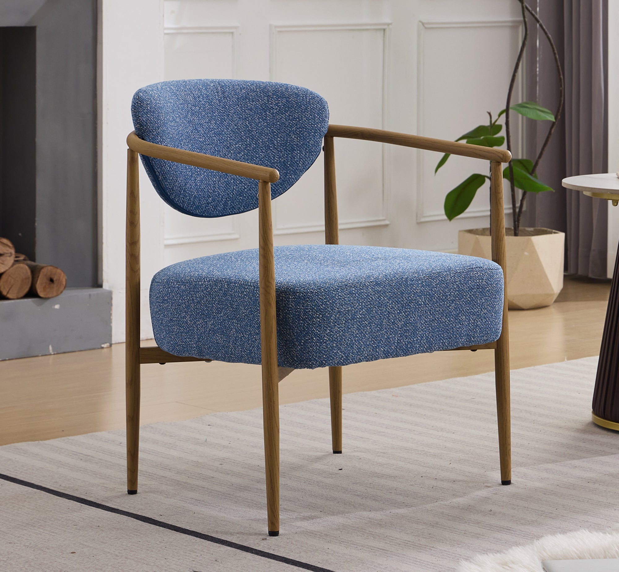 Blue Fabric Dining Chair with Wood‑Grain Metal Frame