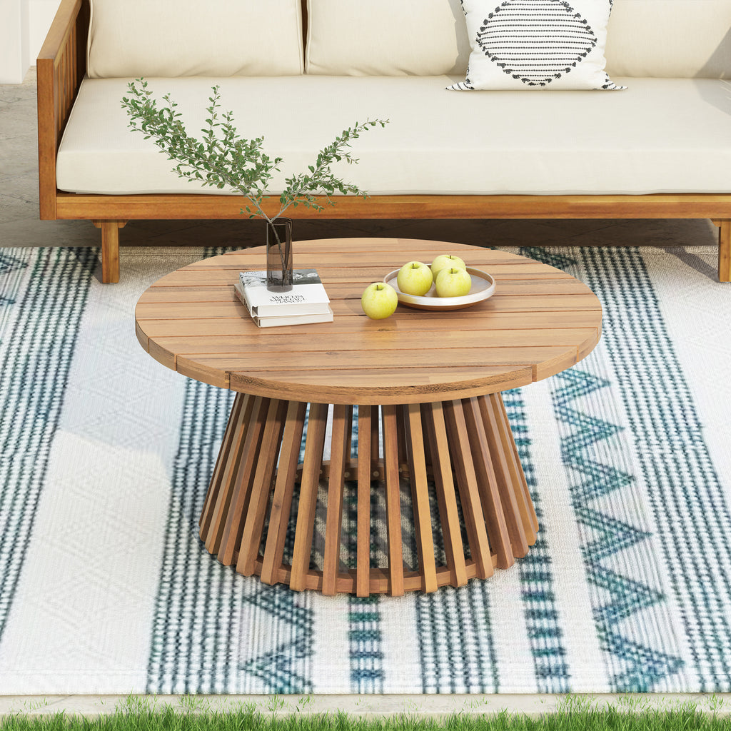 Acacia Wood Patio Coffee Table - side profile in outdoor space setting