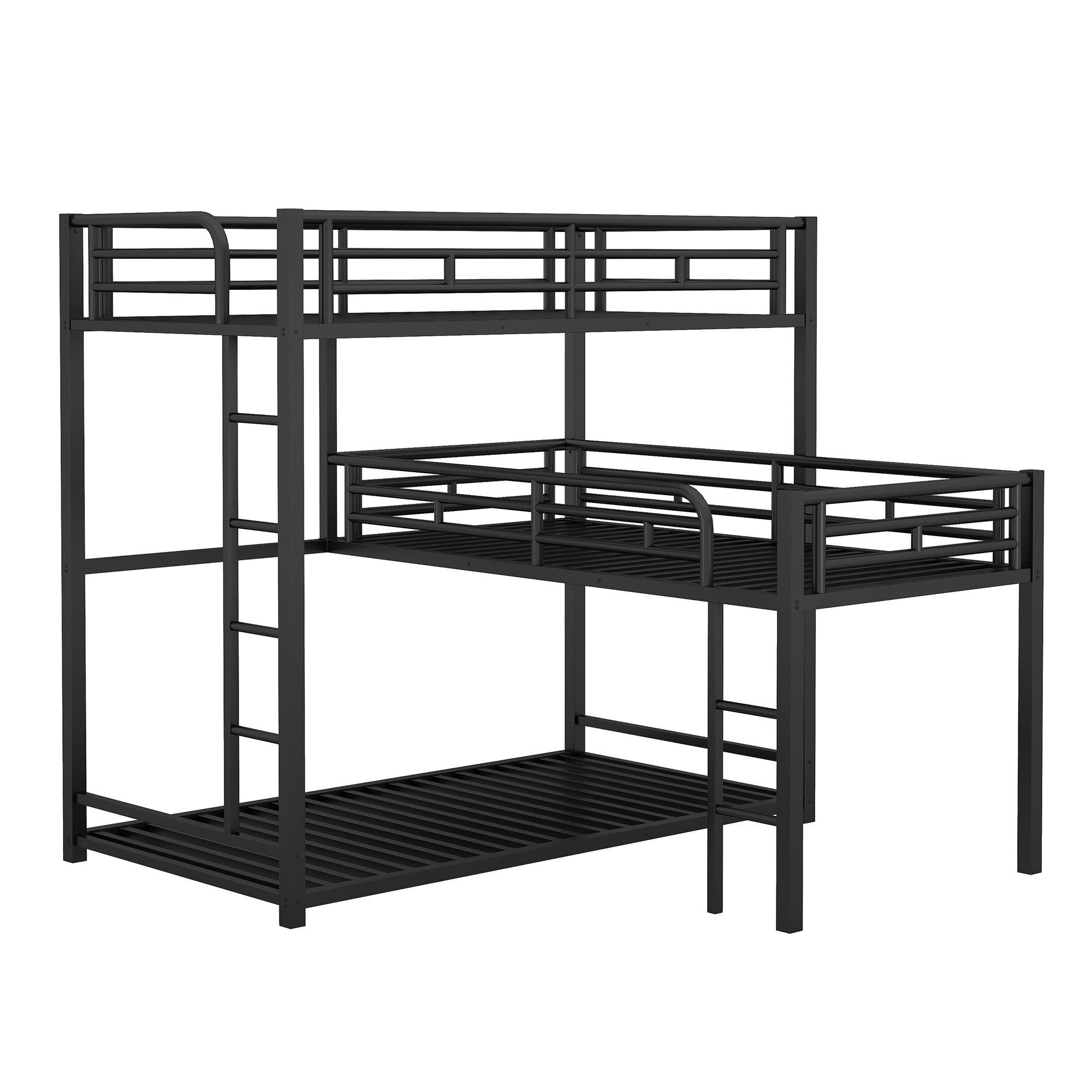 L-shaped Metal Triple Twin Size Bunk Bed, Black - Bunk Bed from Calivell
