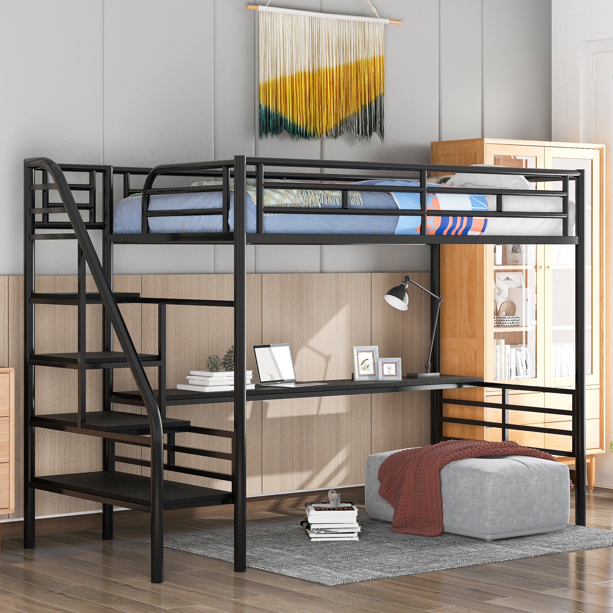 Metal Loft Bed Frame with Desk, Black - Loft Bed from Calivell