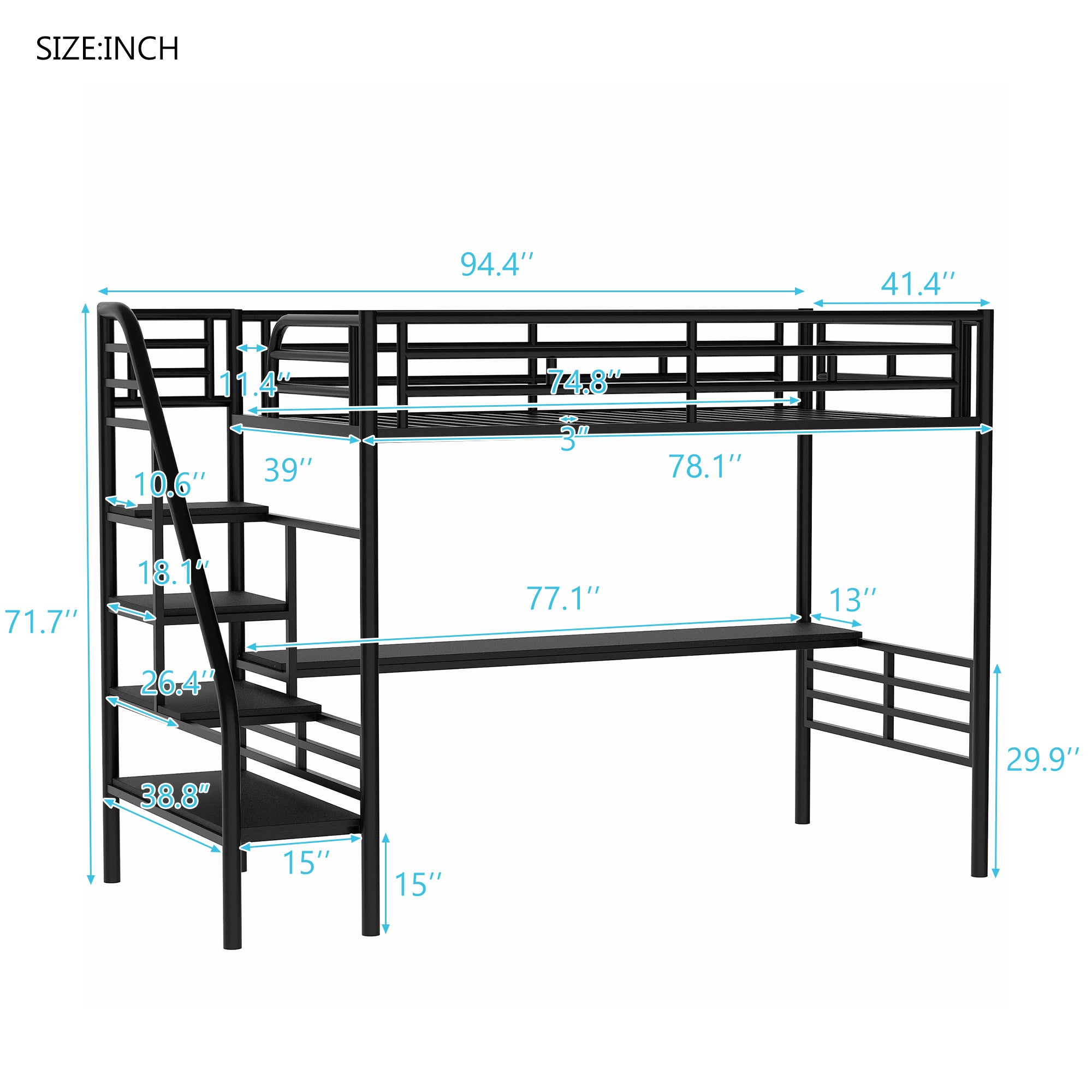 Metal Loft Bed Frame with Desk, Twin, Black - View 4