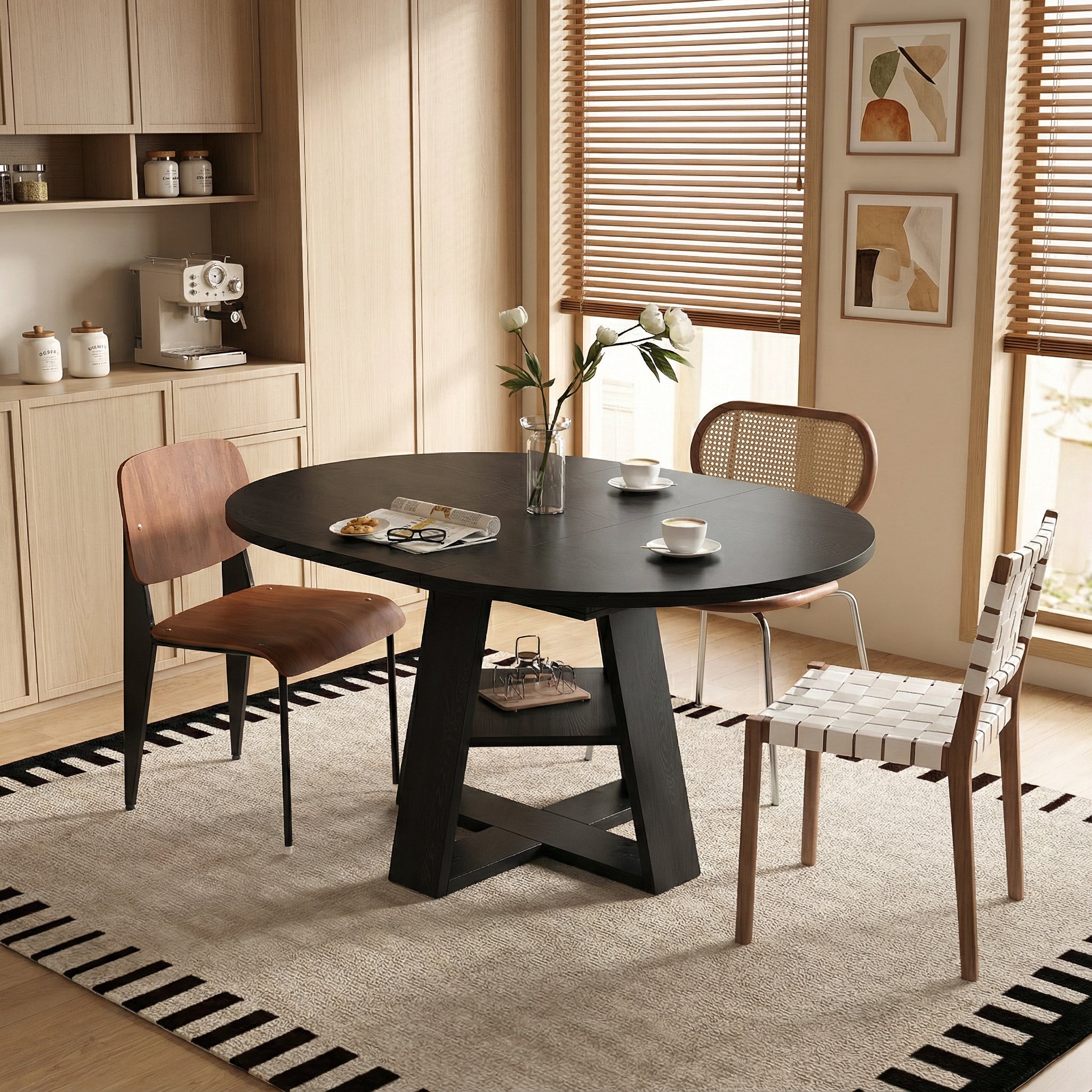 43–59″ Extendable Oval Dining Table with Storage Shelf (Black)
