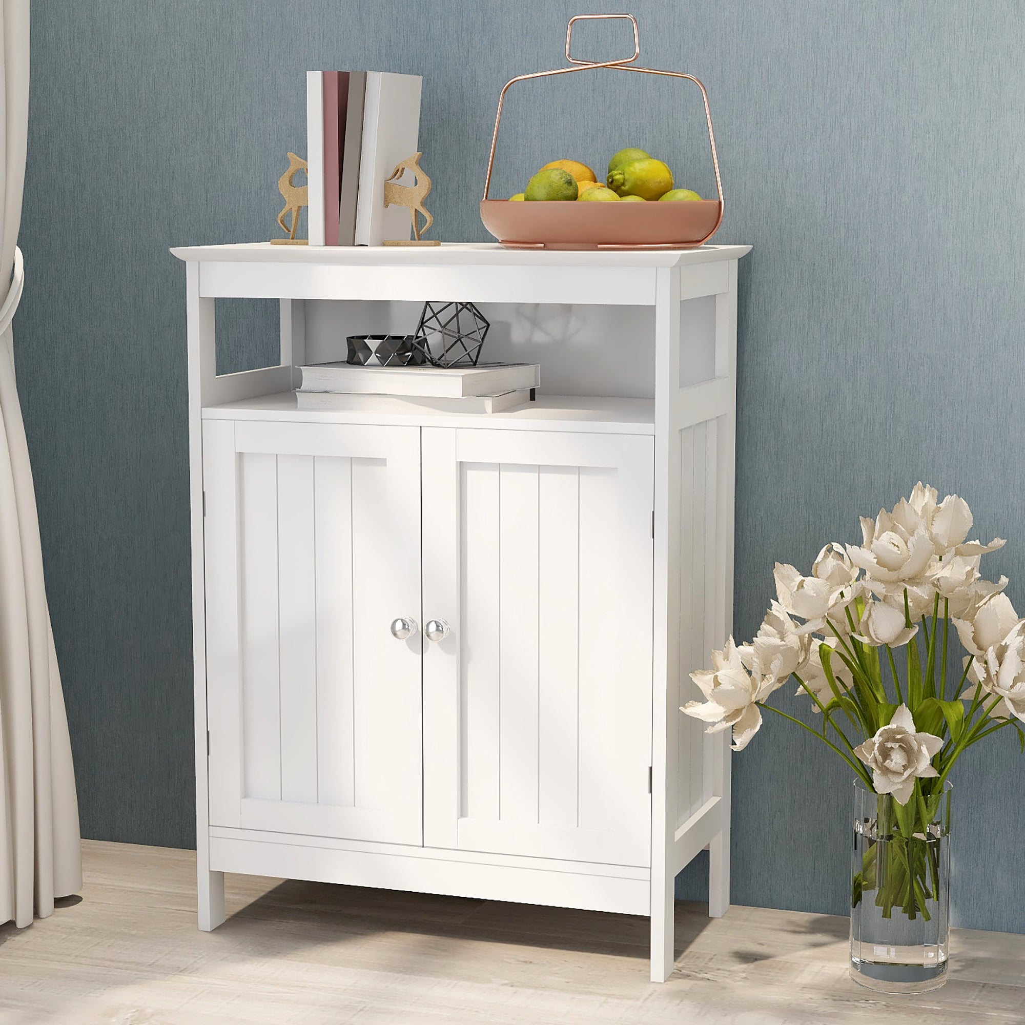 Bathroom Storage Cabinet with Shutter Doors, White - View 2