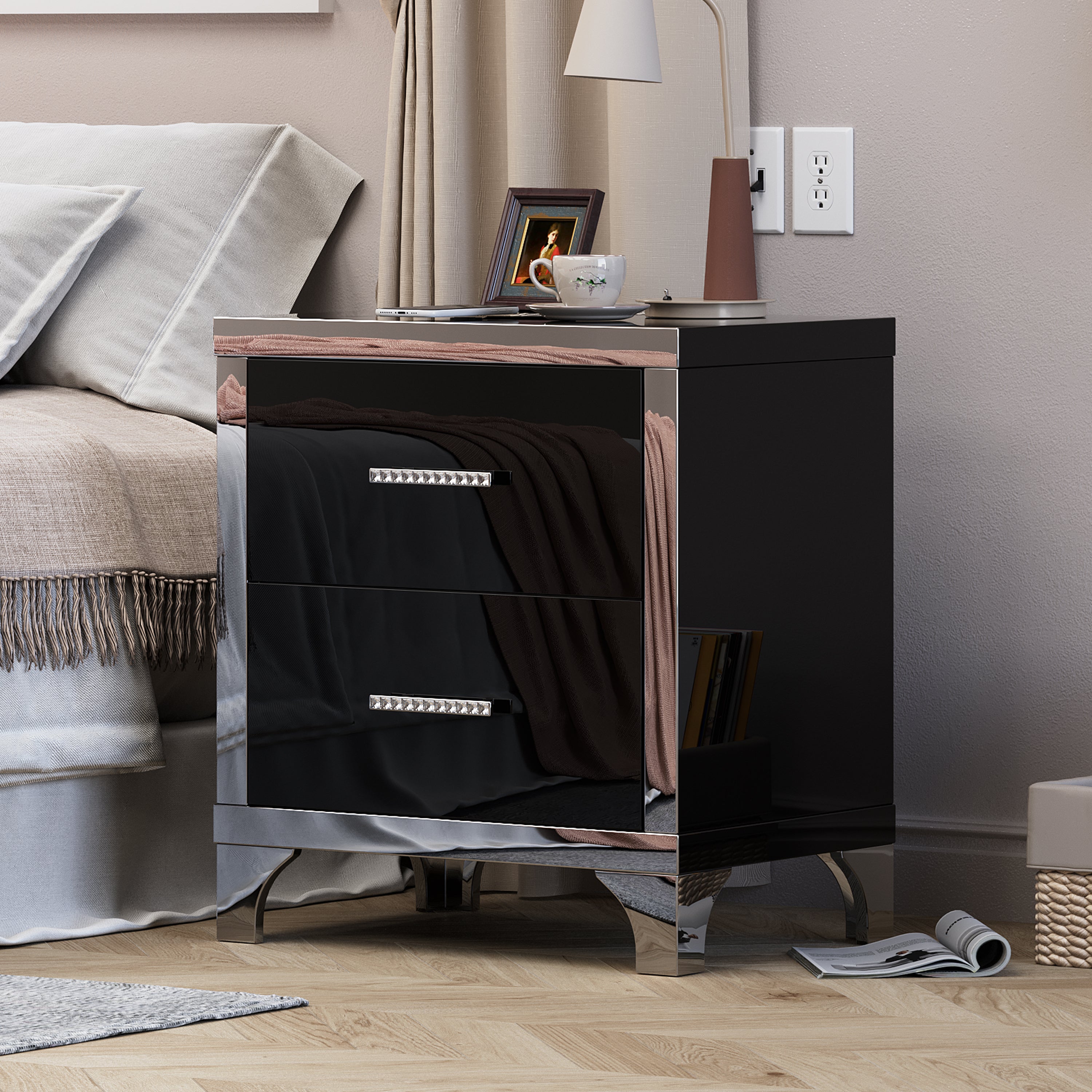 High‑Gloss Mirrored Nightstand with Drawers