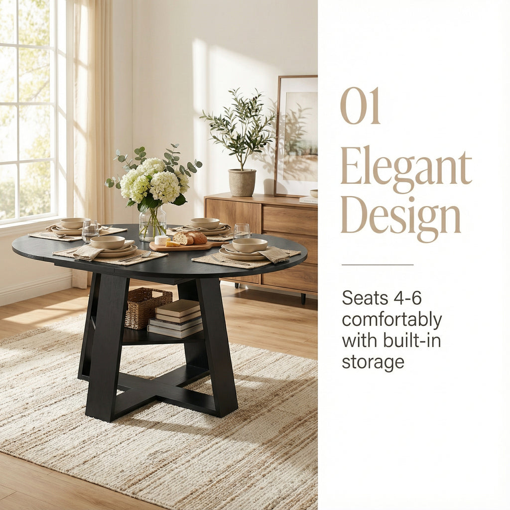 black 43–59″ Extendable Oval Dining Table with Storage Shelf - alternate angle in dining room