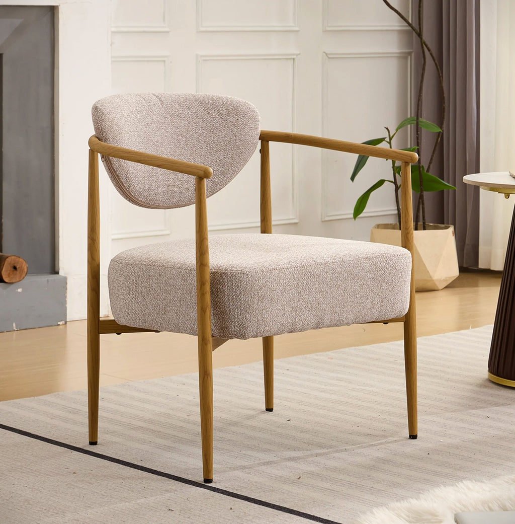 Beige Woven Fabric Dining Chair with Wood-Grain Metal