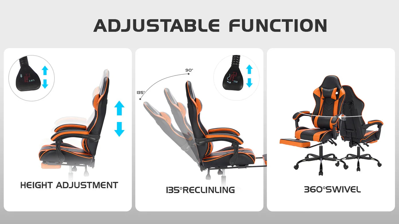 Ergonomic black and orange gaming chair with height adjustment, 135-degree reclining, and 360-degree swivel features.