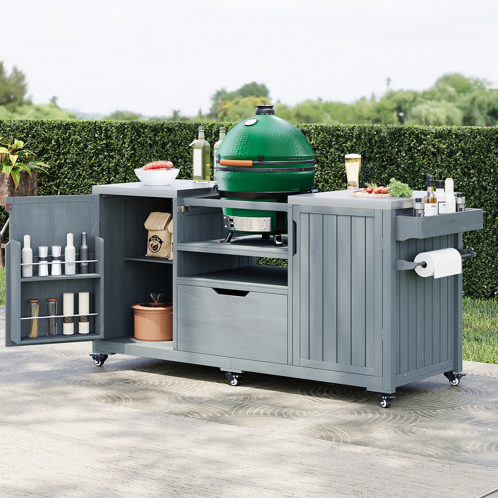 green Outdoor Kitchen Island for Big Green Egg Grills - front view in modern outdoor space