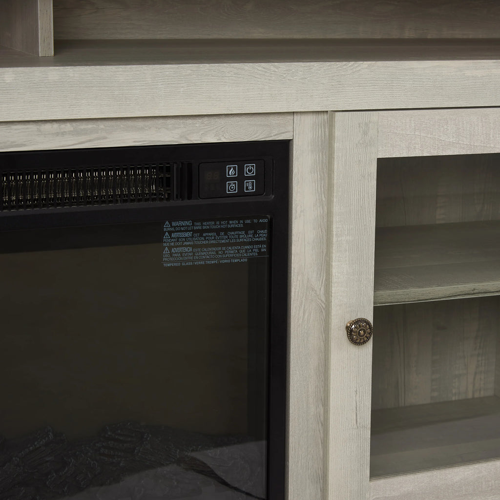 Modern light wood cabinet with glass door, built-in electric fireplace and metal knob