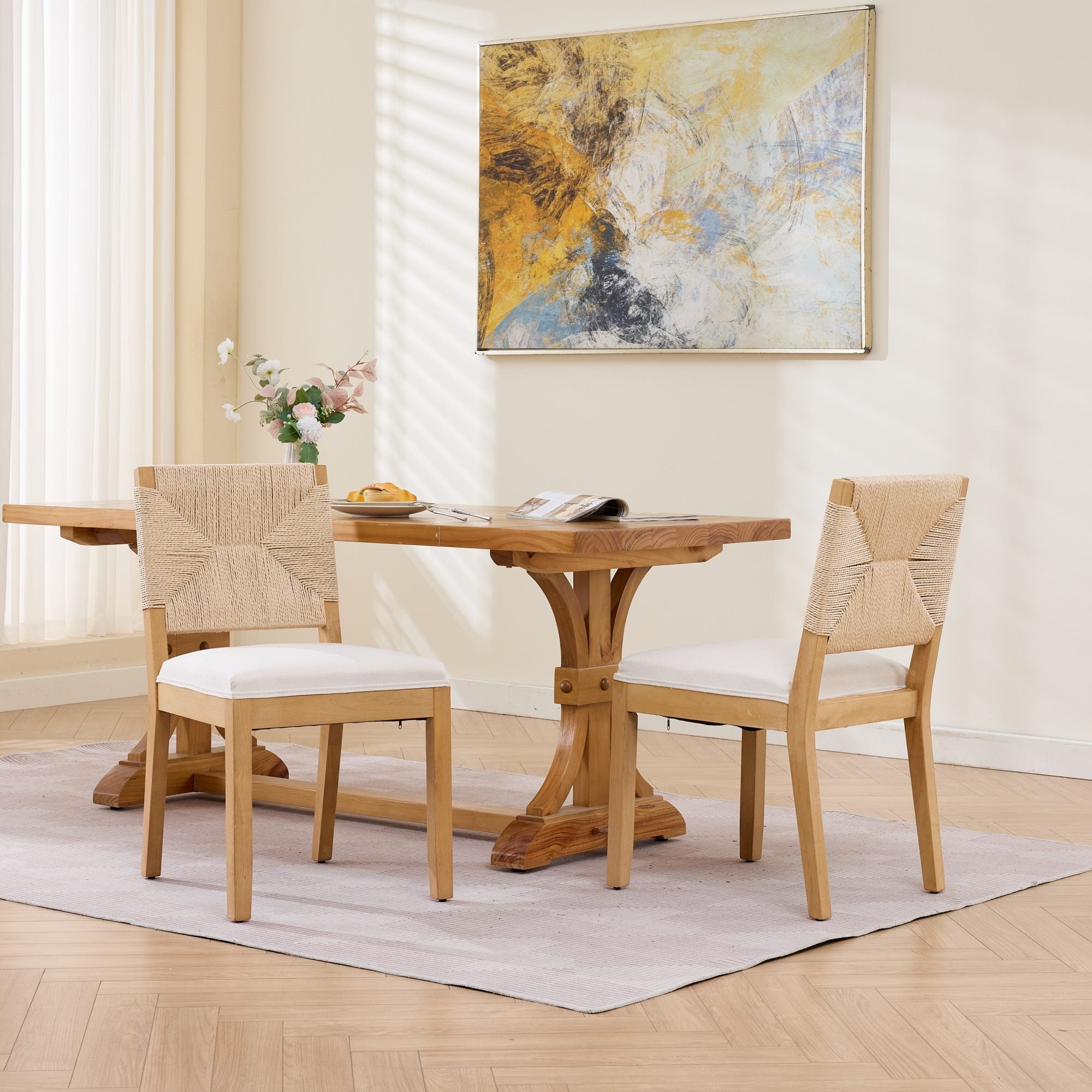 Mid-Century Modern Rope Rattan Dining Chairs Set of 2