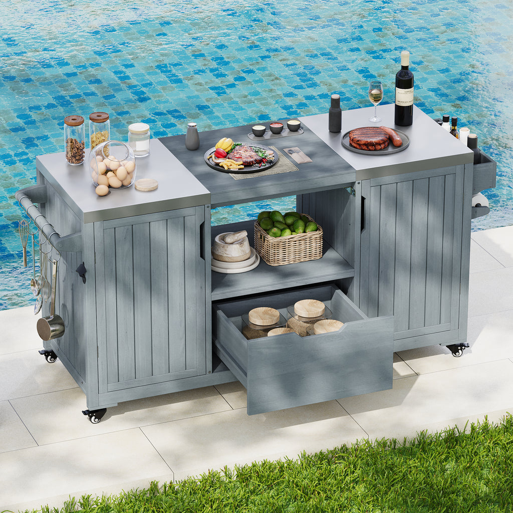 green Outdoor Kitchen Island for Big Green Egg Grills - side profile in outdoor space setting