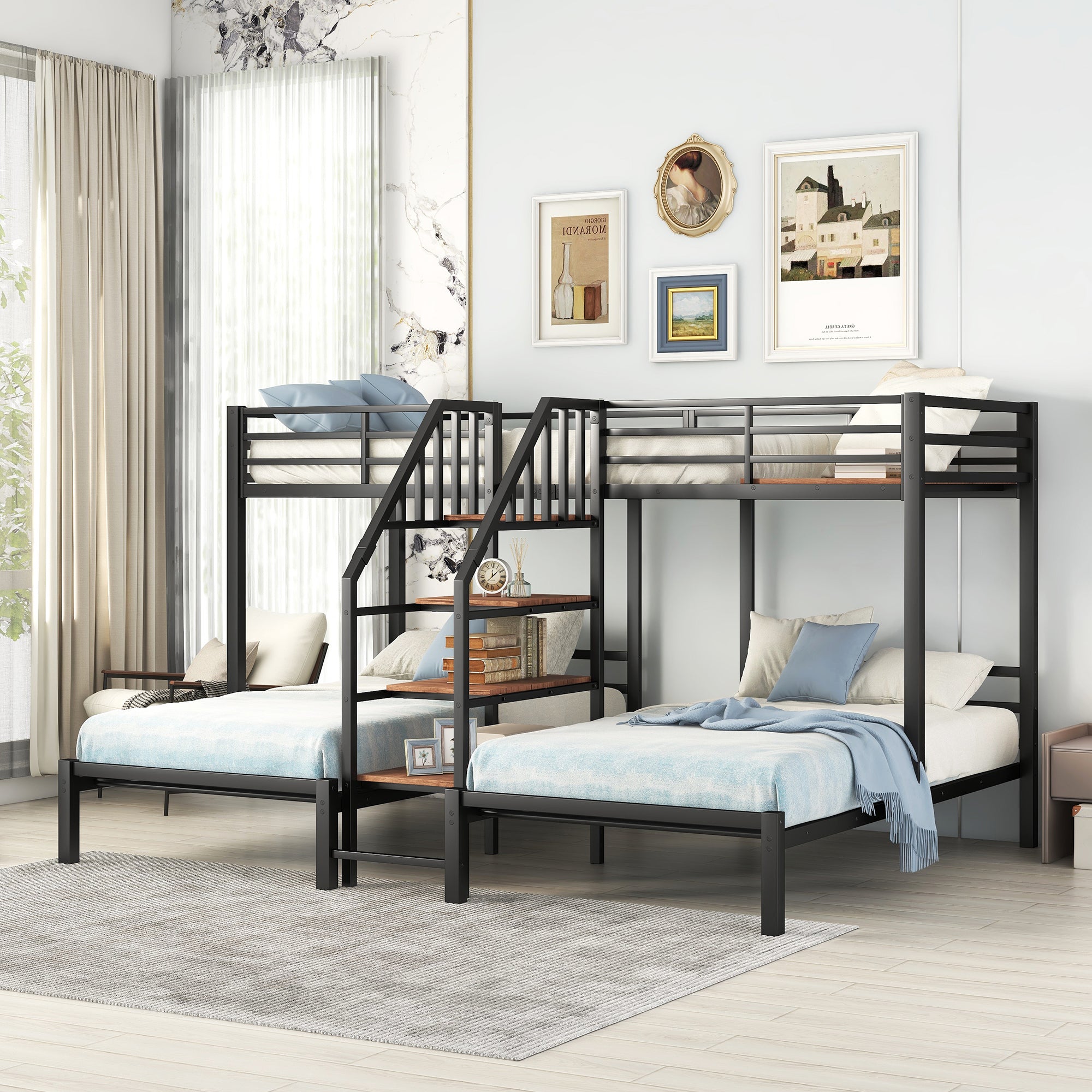 Black Metal Triple Twin Bunk Bed with Storage Shelves a - View 5