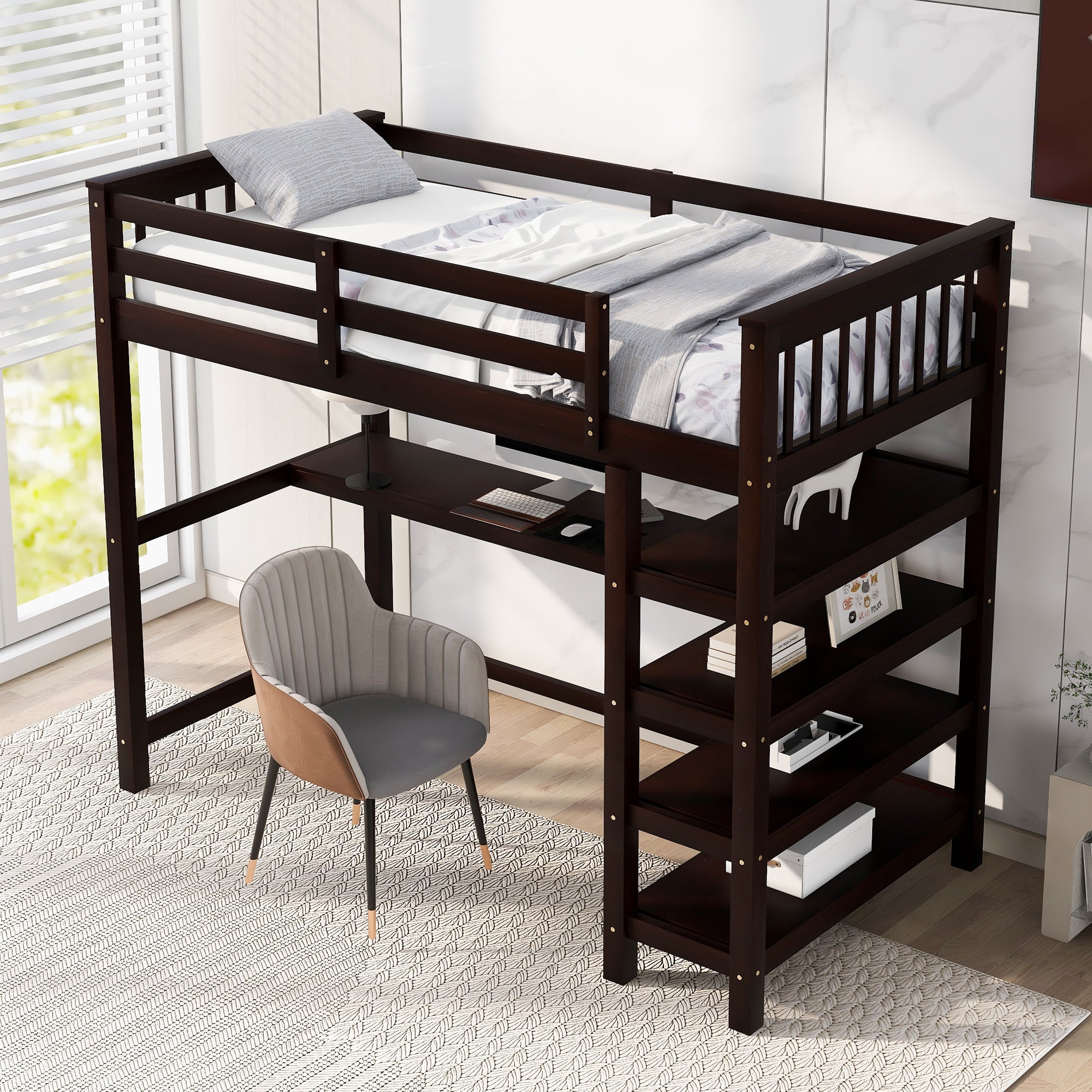 Espresso Twin Size Loft Bed with Storage Shelves and Un - View 4