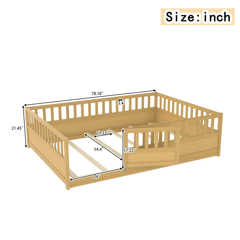 Wooden modular bed frame with rails, gate, and marked dimensions in inches.