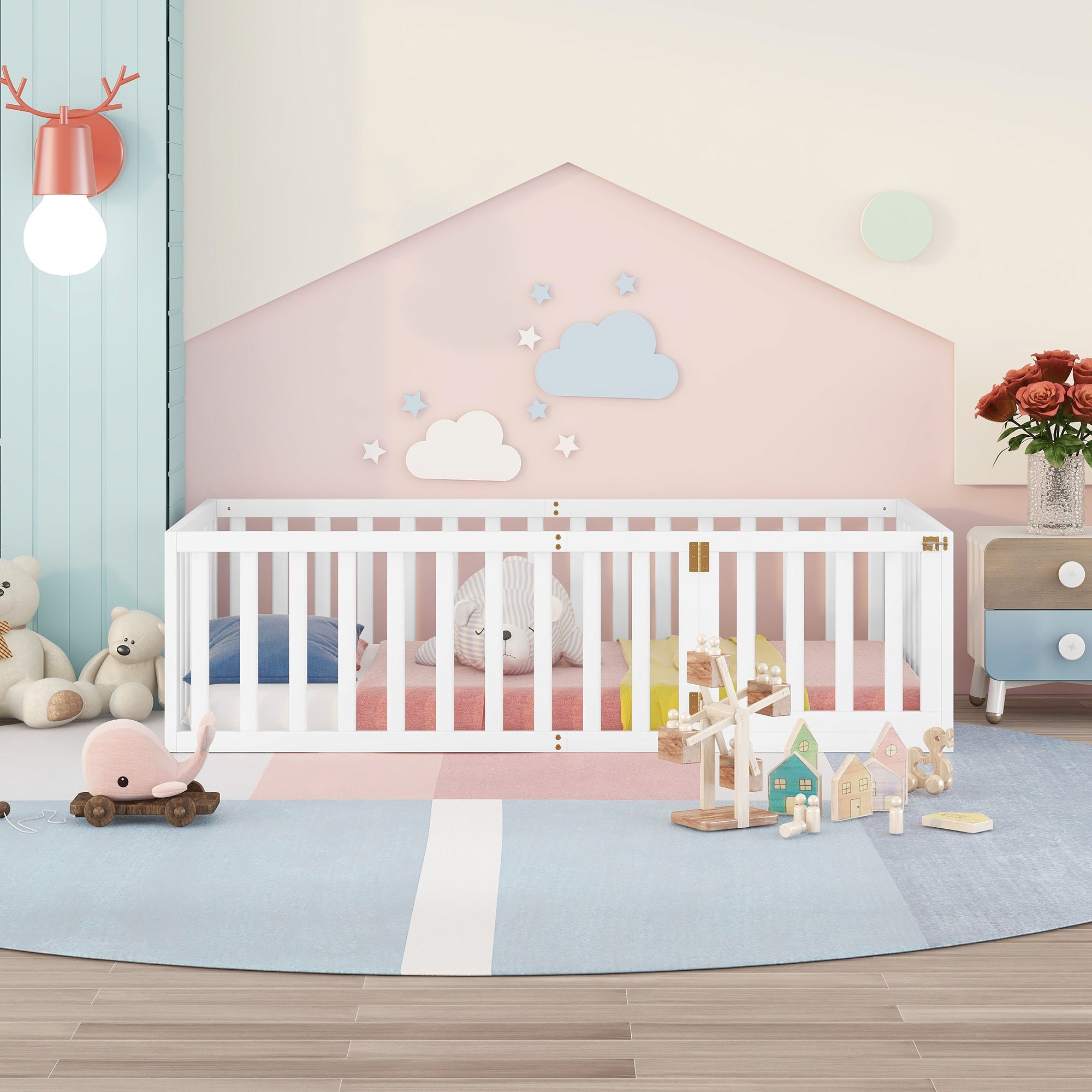 Twin Wood Floor Bed Frame with Fence and Door - View 2