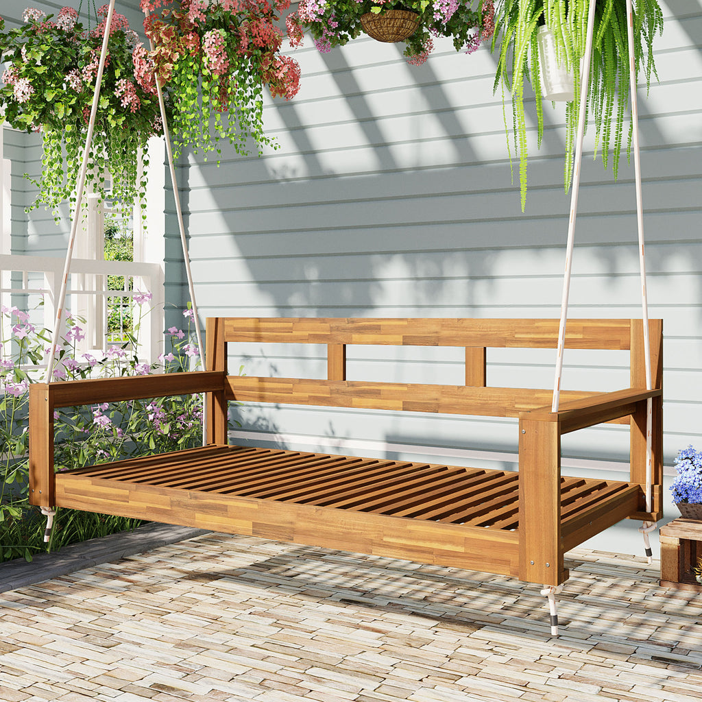 natural Patio Wooden Twin Size Porch Swing Daybed Frame - front view in modern outdoor space