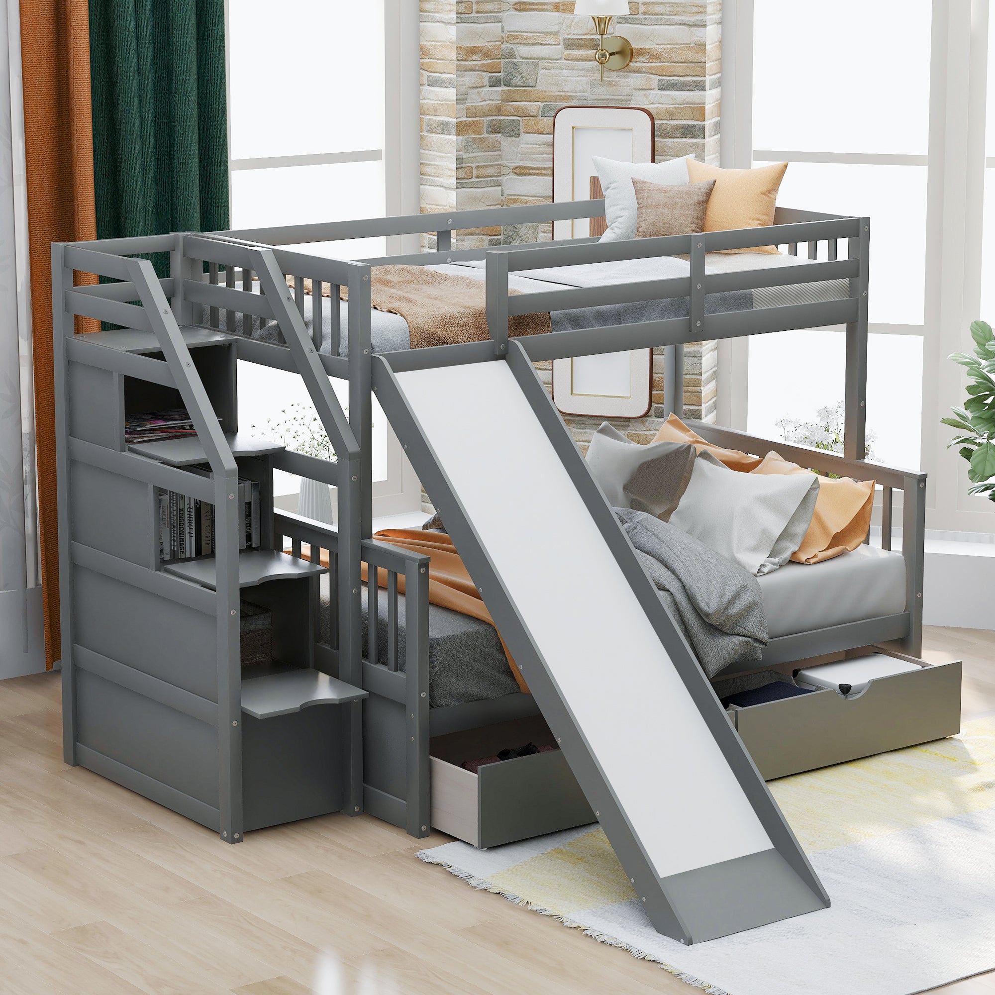 Gray Twin over Full Bunk Bed with Drawers, Storage and - View 5