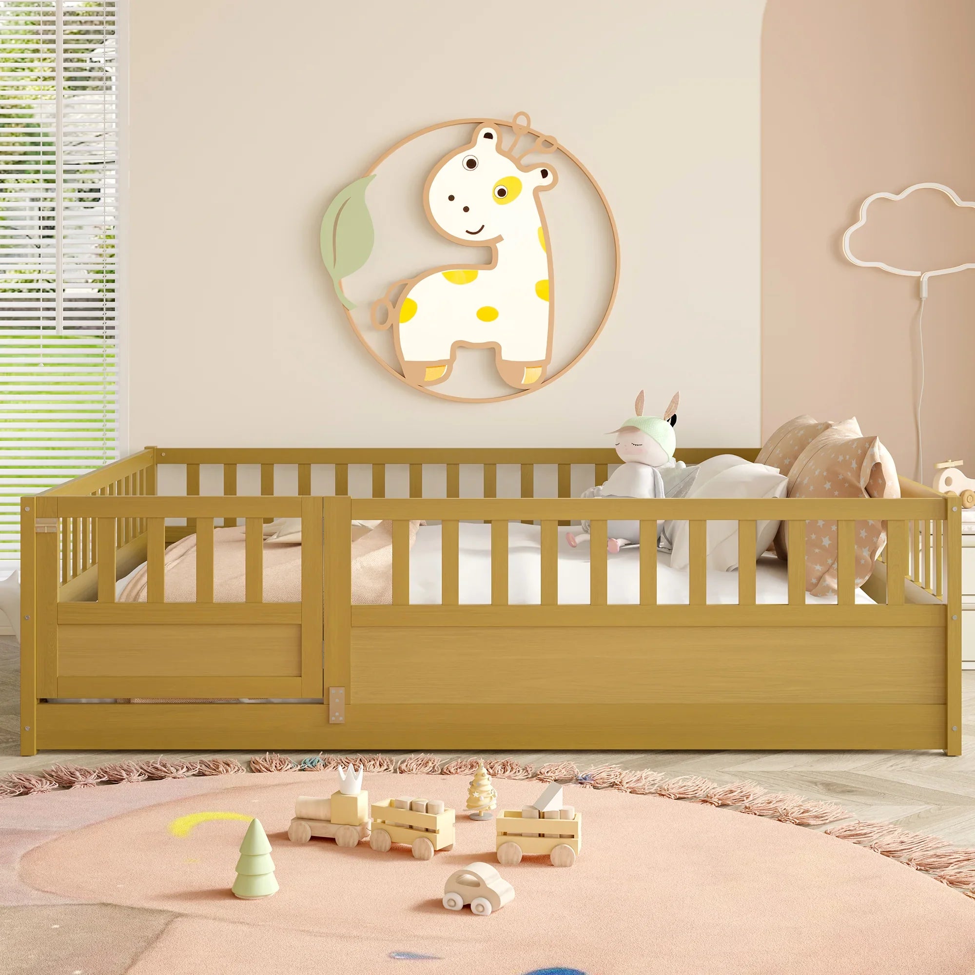 Modern wooden toddler bed with plush toy in cozy nursery, wall art giraffe, pastel decor