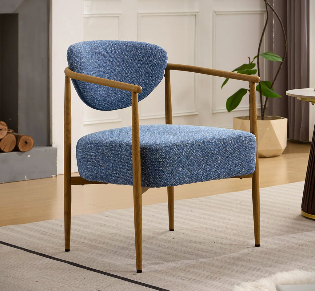 Blue Fabric Dining Chair with Wood-Grain Metal Frame