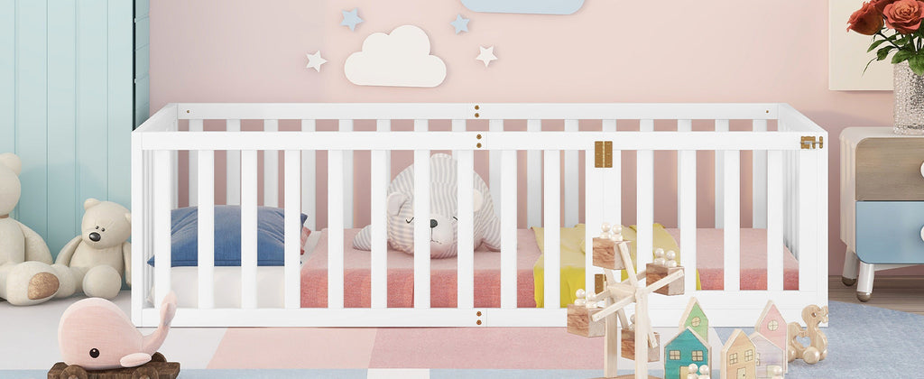 Twin Wood Floor Bed Frame with Fence and Door - View 4