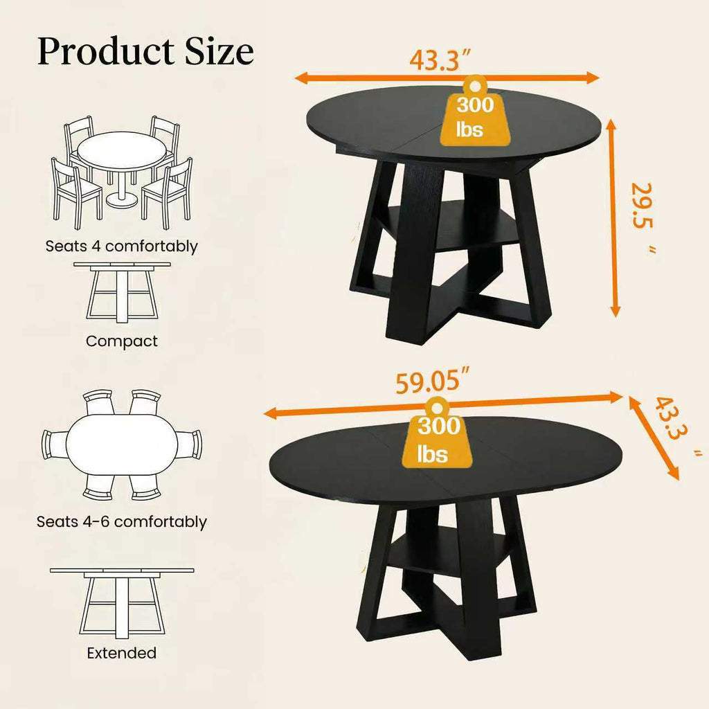 black 43–59″ Extendable Oval Dining Table with Storage Shelf - styled room setting view