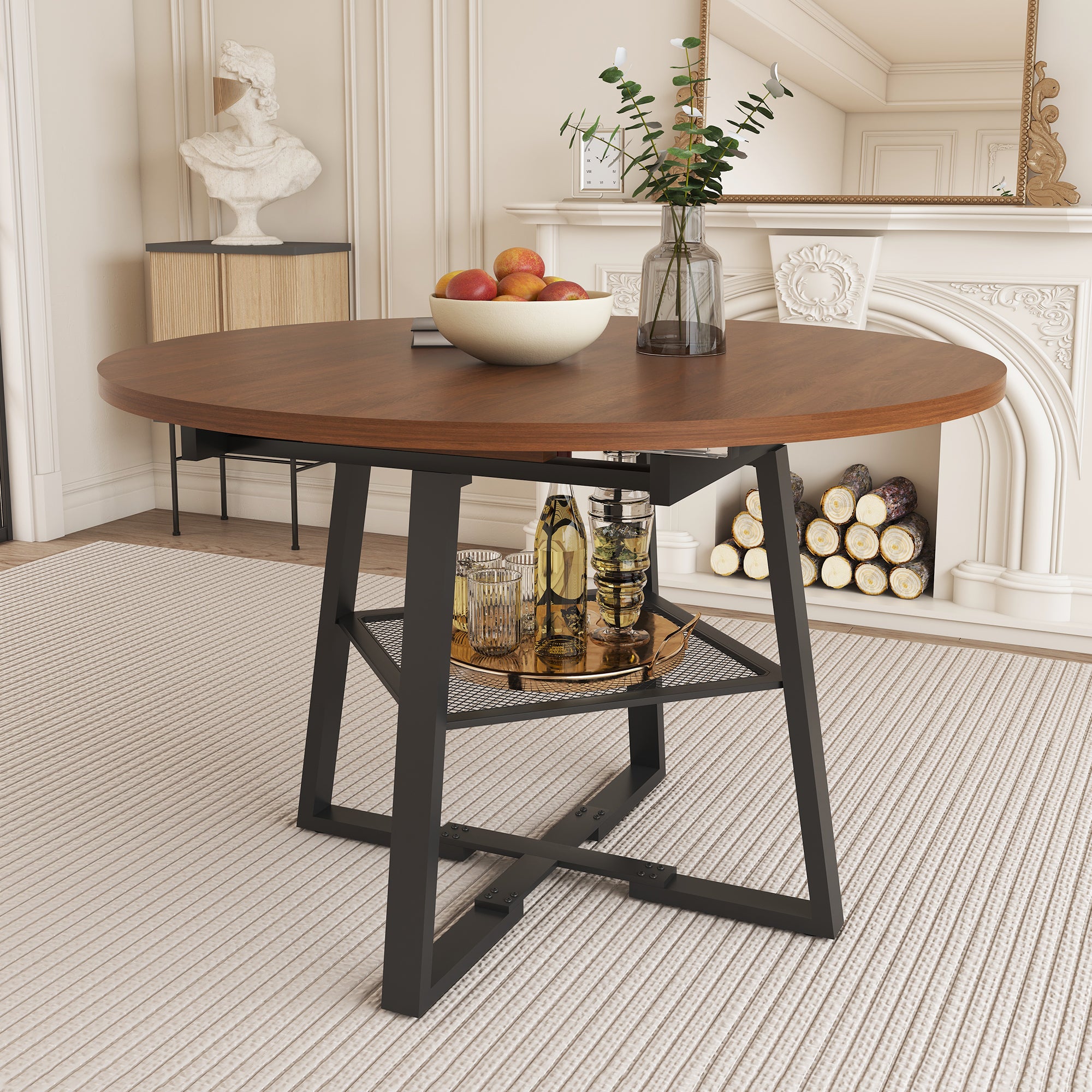 47 Inch Extendable Round Dining Table for 4-8 with Storage - alternate angle in dining room