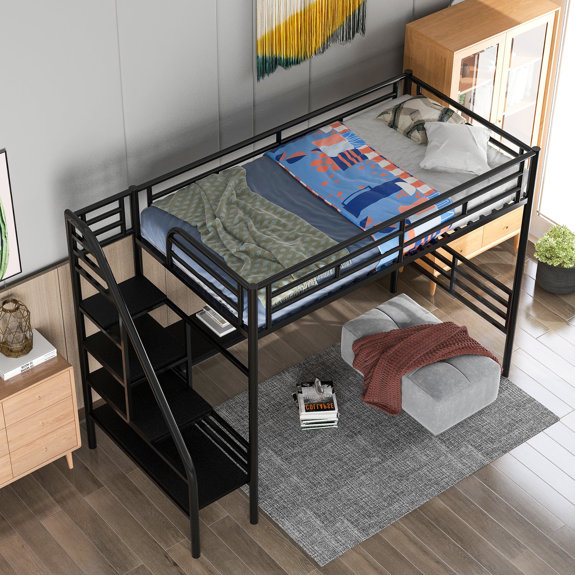 Metal Loft Bed Frame with Desk, Twin, Black - View 2