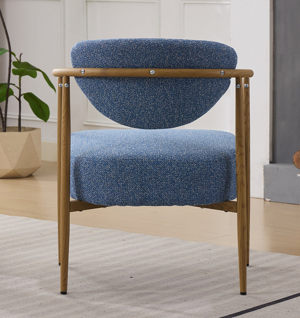 blue Blue Fabric Dining Chair with Wood‑Grain Metal Frame - side profile in dining room setting