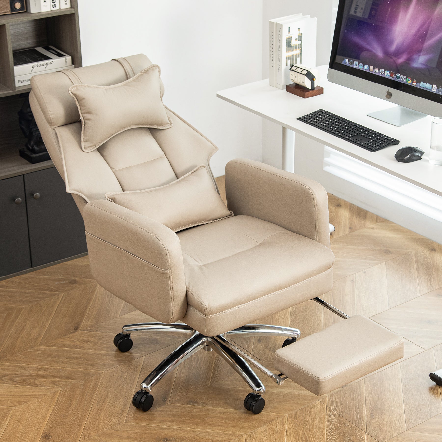 Beige Ergonomic Leather Office Chair with High‑Back Recliner