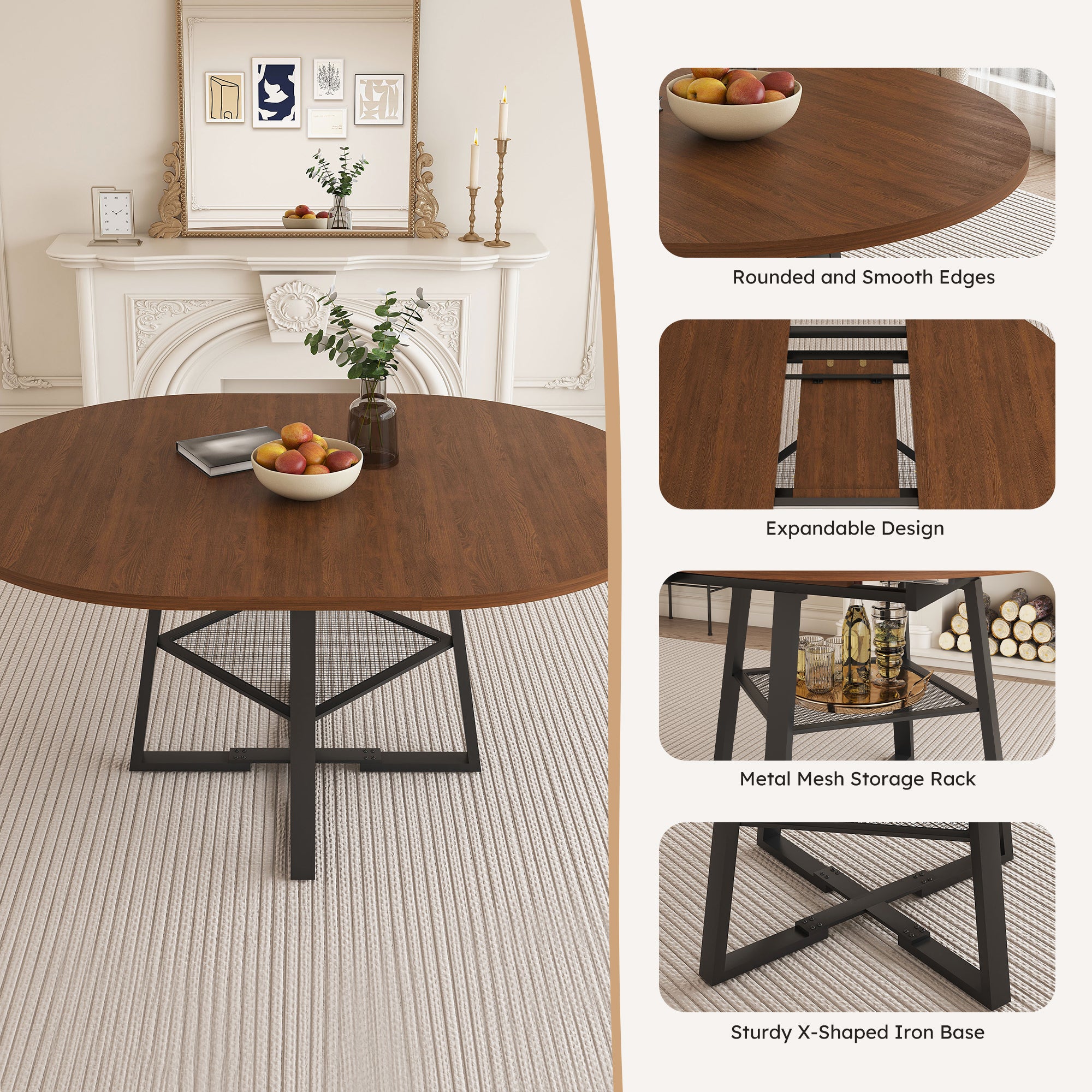 47 Inch Extendable Round Dining Table for 4-8 with Storage - detail view of construction quality