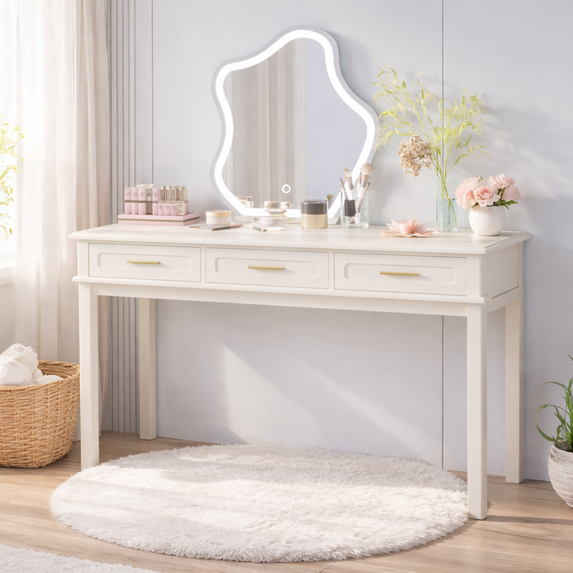 Cream White Vanity Desk with 3 Drawers
