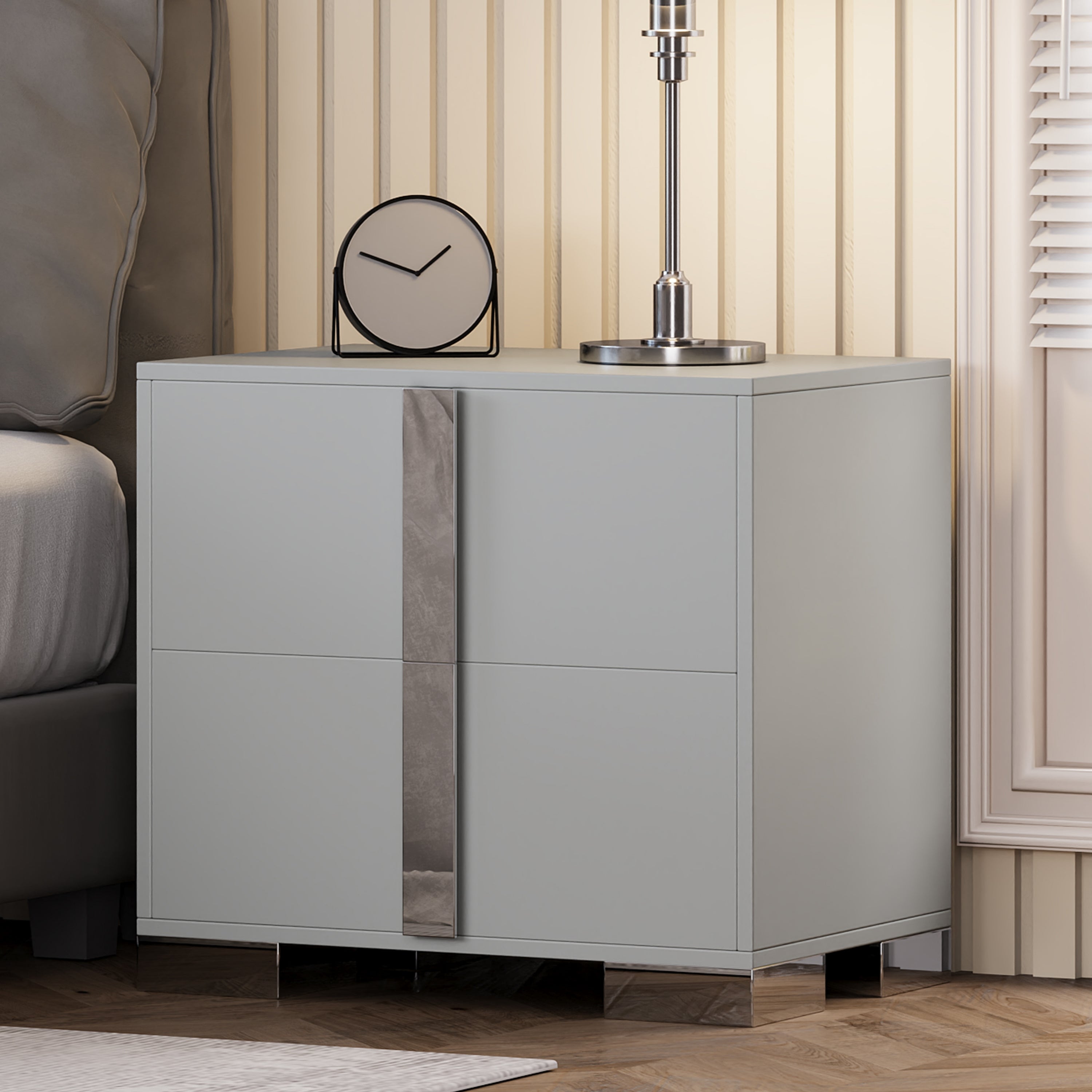 Modern Grey Nightstand with 2 Drawers & Metal Legs