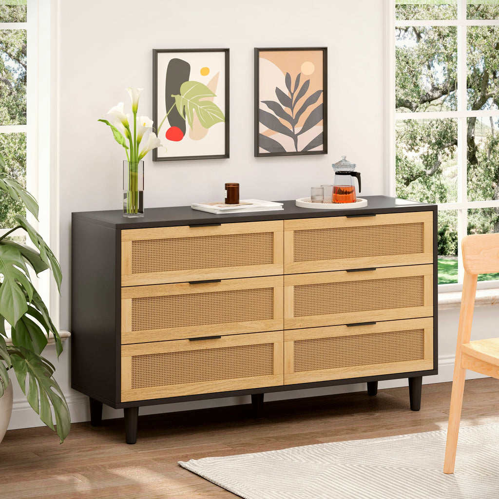 51″ Black Rattan 6-Drawer Storage Cabinet