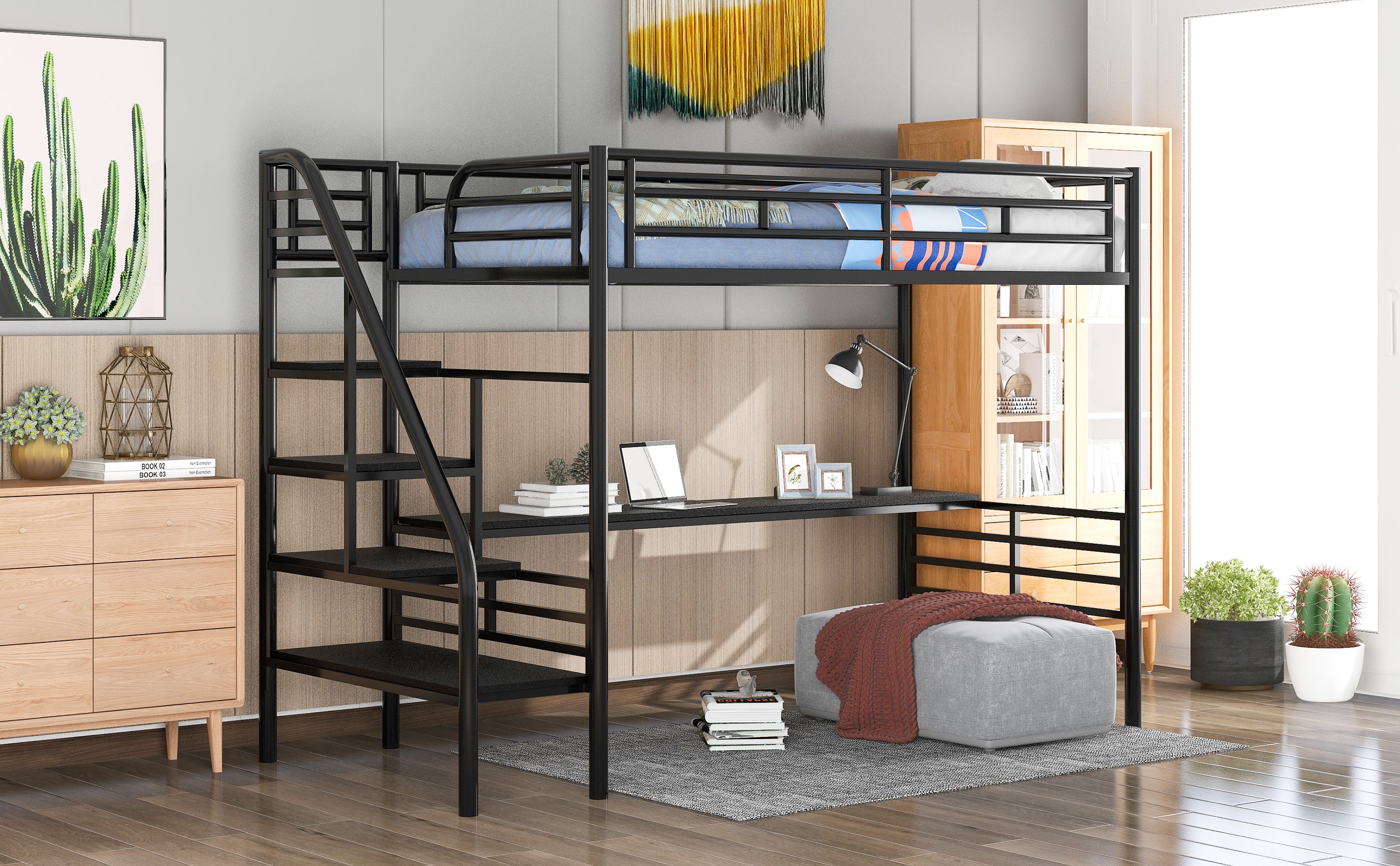 Metal Loft Bed Frame with Desk, Twin, Black - View 3