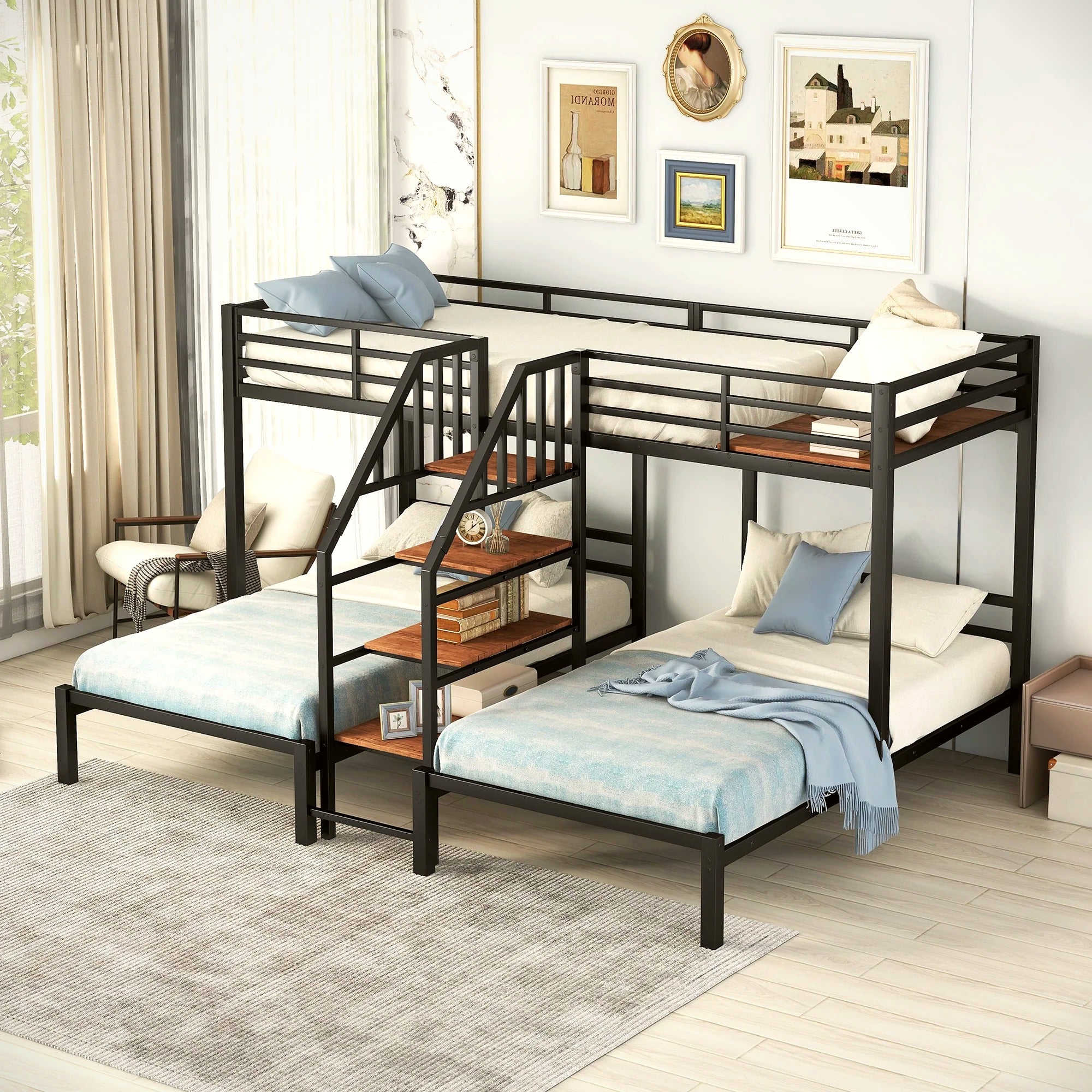 Black Metal Triple Twin Bunk Bed with Storage Shelves a