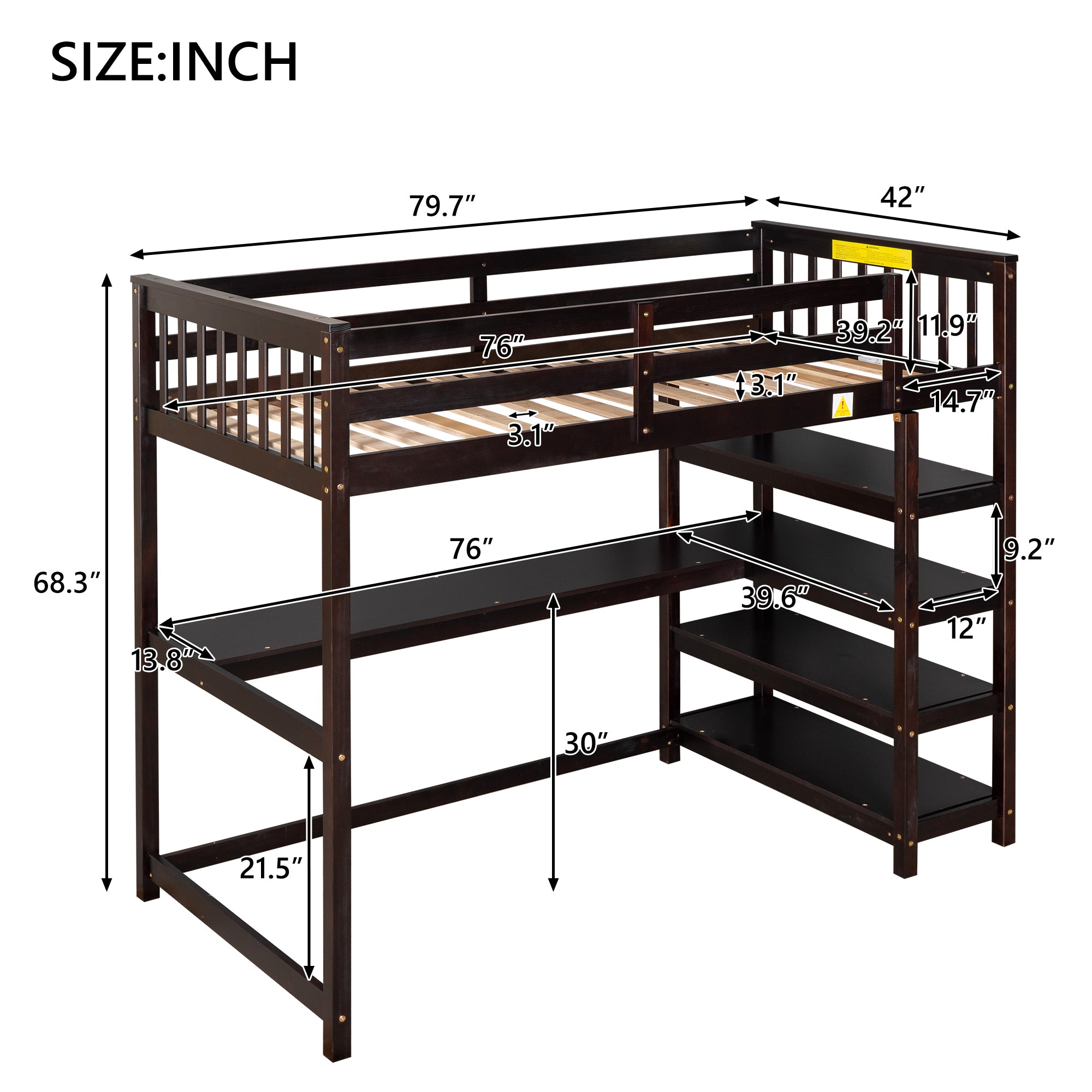 Espresso Twin Size Loft Bed with Storage Shelves and Un - View 3