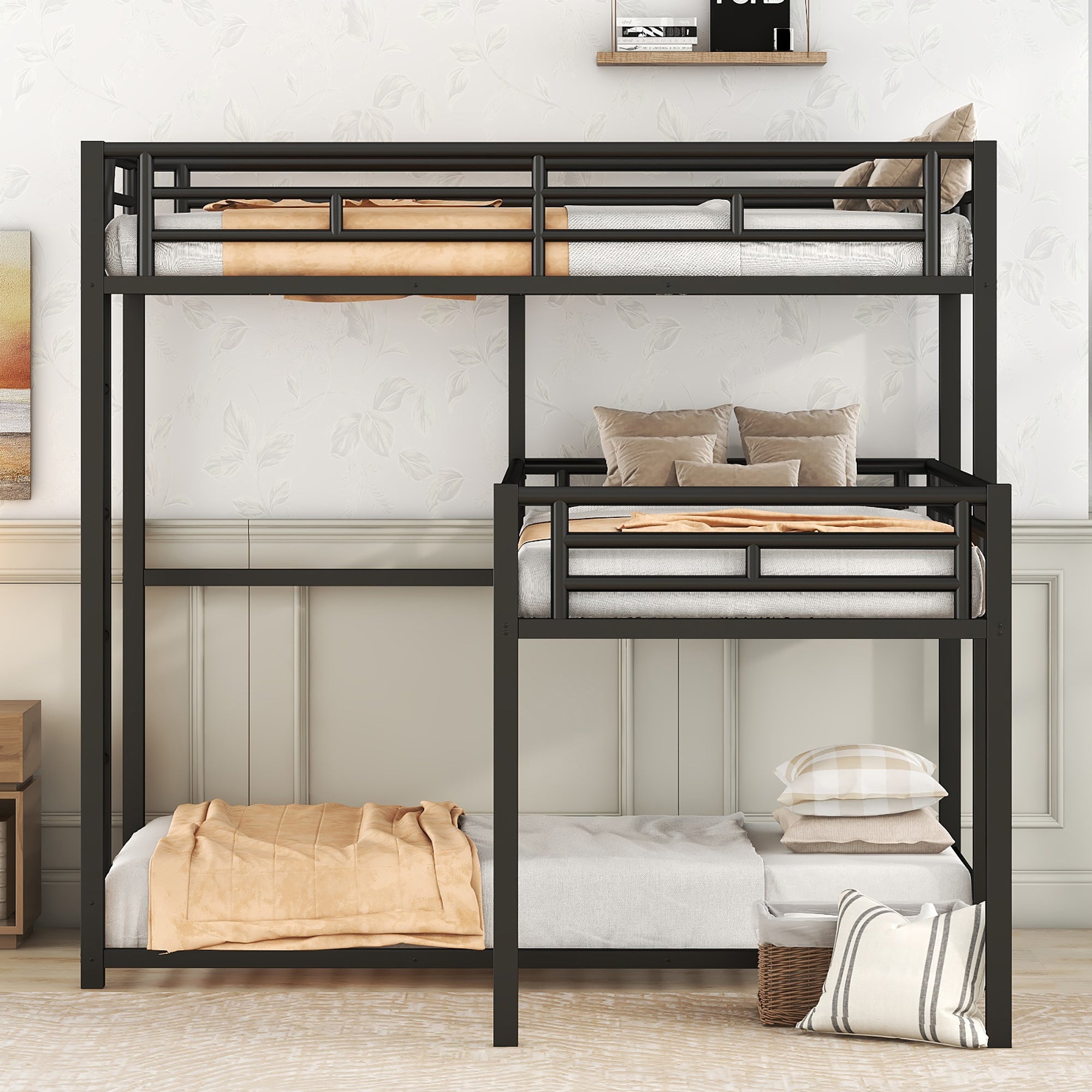 L-shaped Metal Triple Twin Size Bunk Bed, Black - View 4