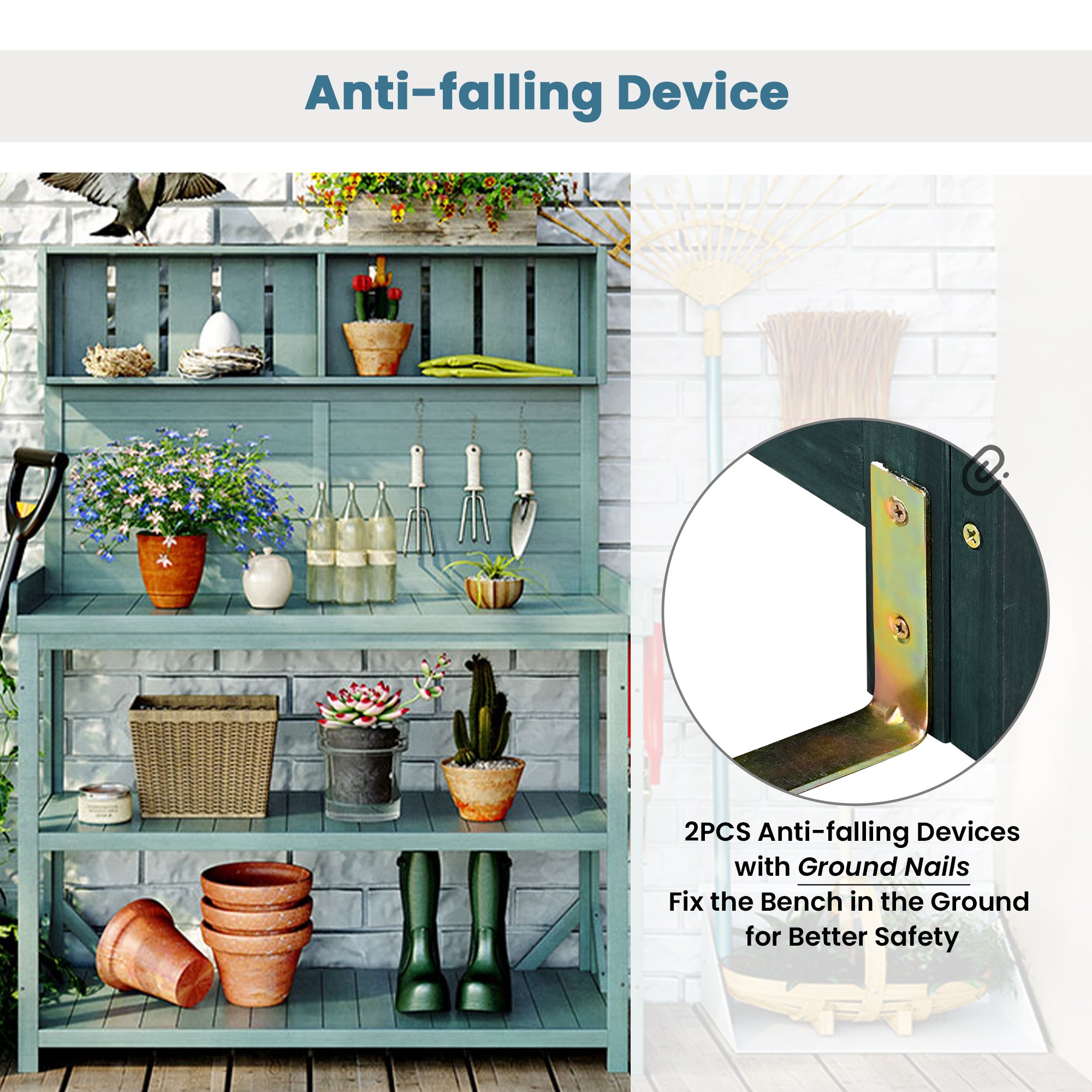 Large Wooden Farmhouse Rustic Outdoor Potting Bench Table - detail view of construction quality