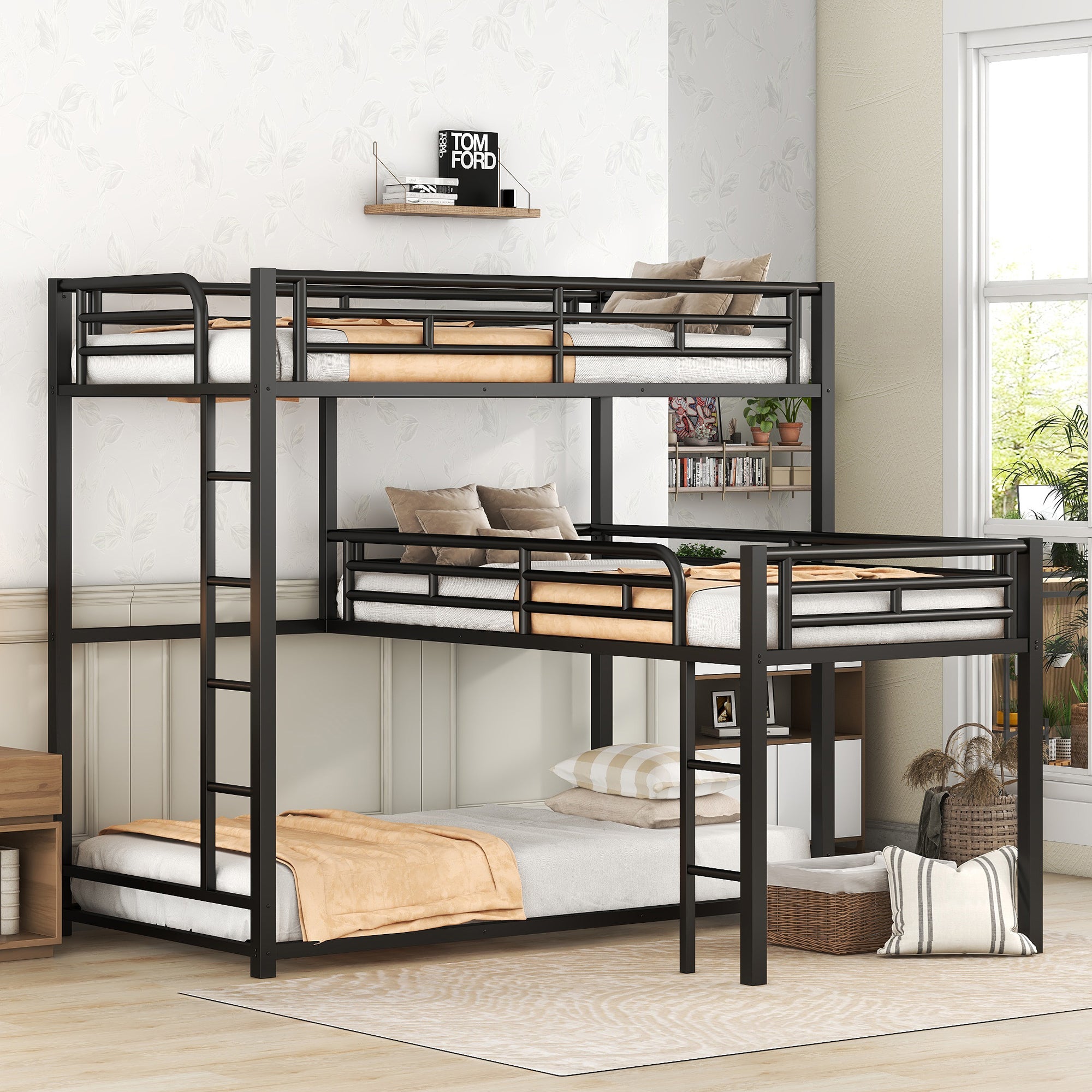 L-shaped Metal Triple Twin Size Bunk Bed, Black - View 5