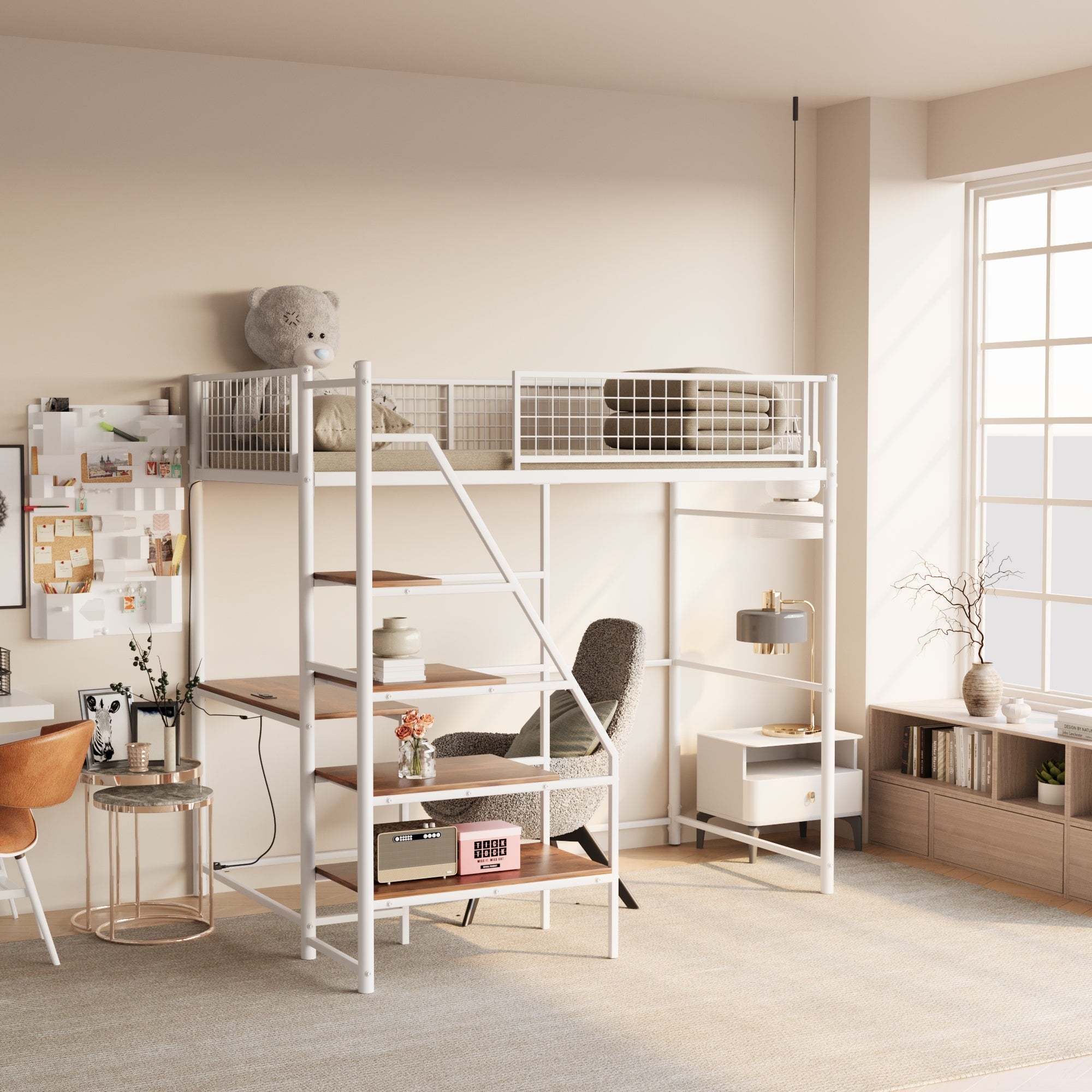 Twin Loft Metal Bed with White for Bedroom and Dormitory