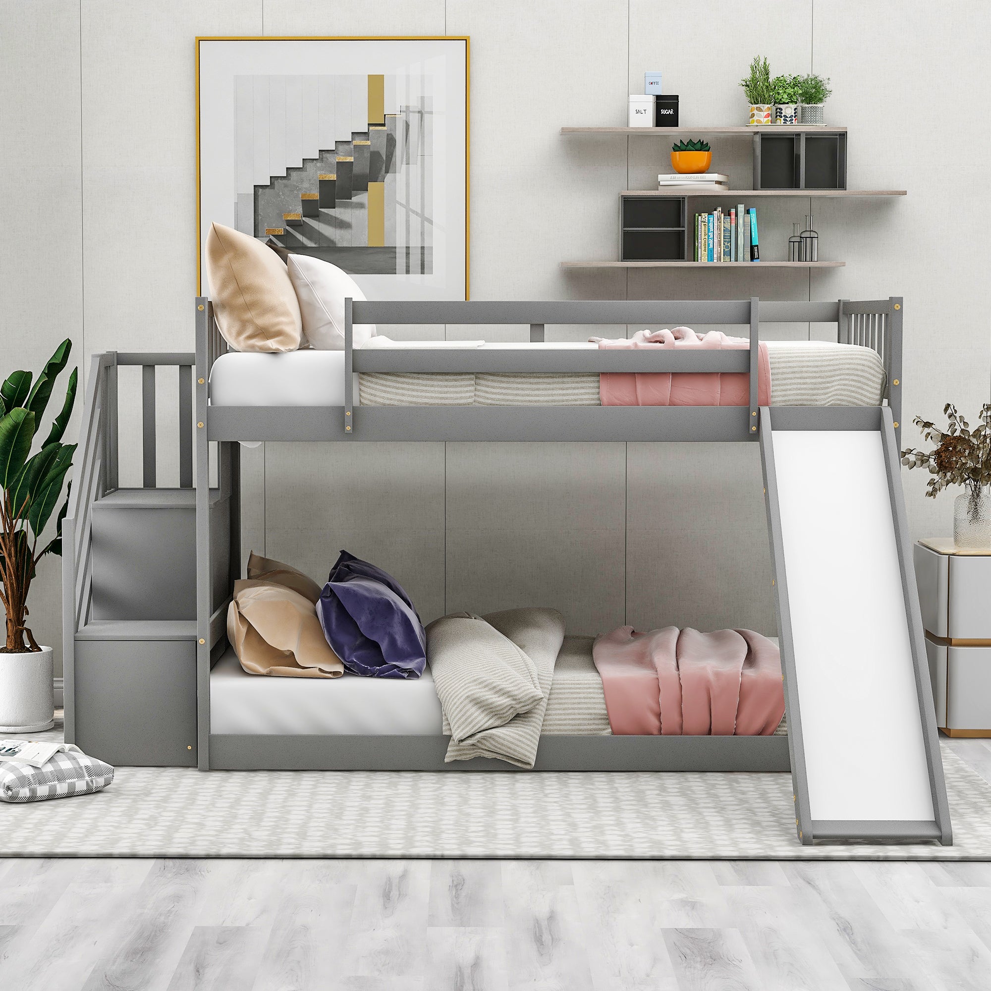 Gray Twin over Twin Bunk Bed with Convertible Slide and - View 2