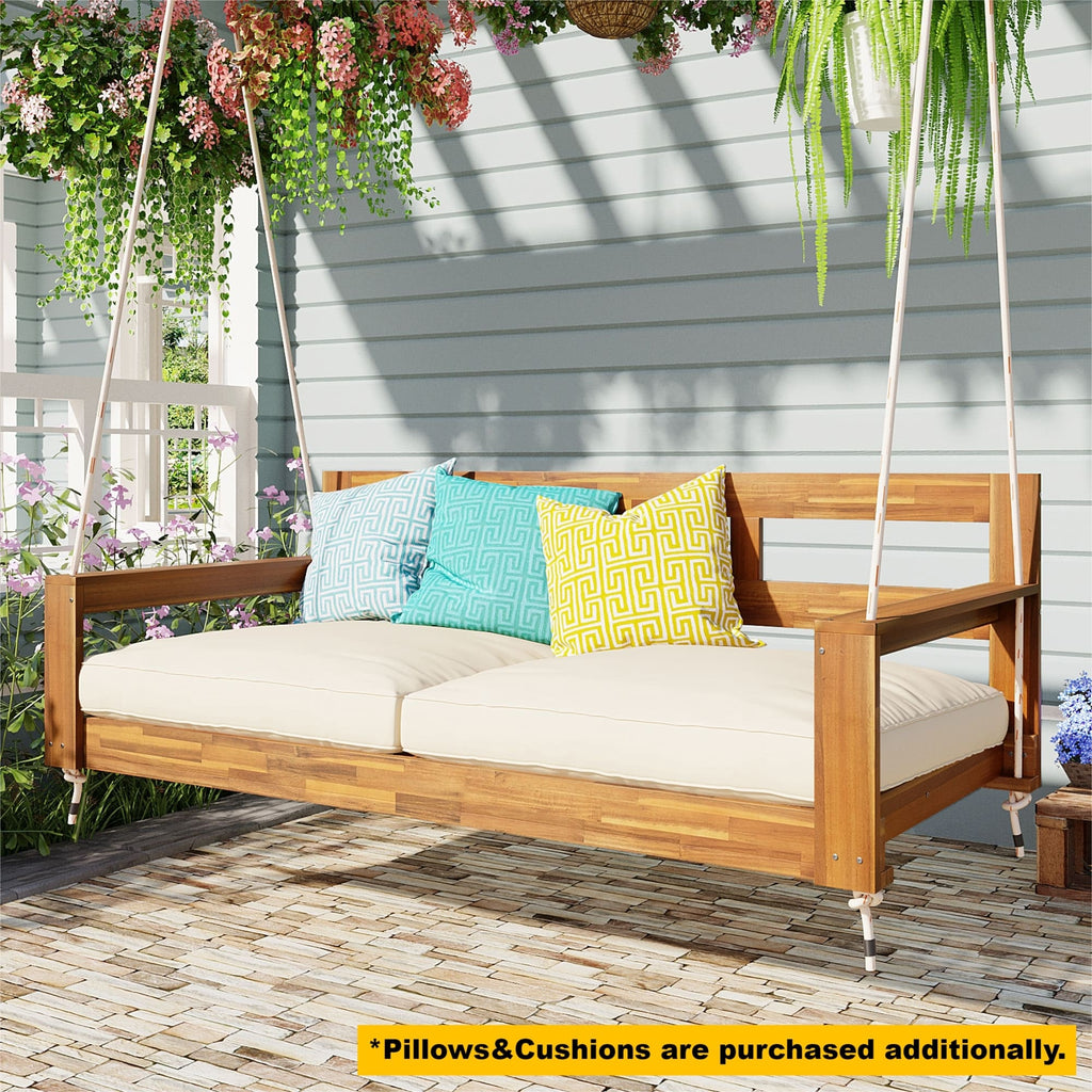 natural Patio Wooden Twin Size Porch Swing Daybed Frame - angle view showing design details